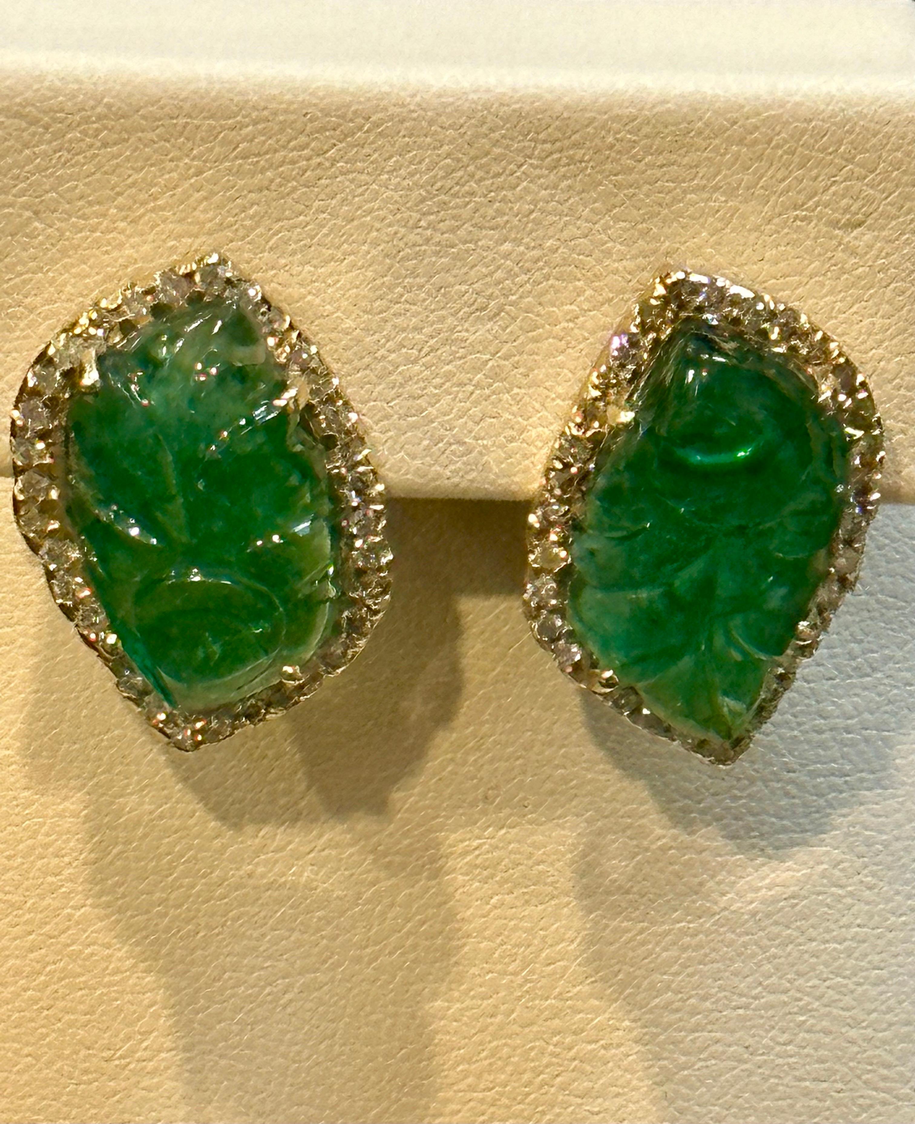 Emerald Cut 22 Ct Carved Emerald & 2 Ct Diamond Earrings 14 Karat Yellow Gold Post Earrings For Sale