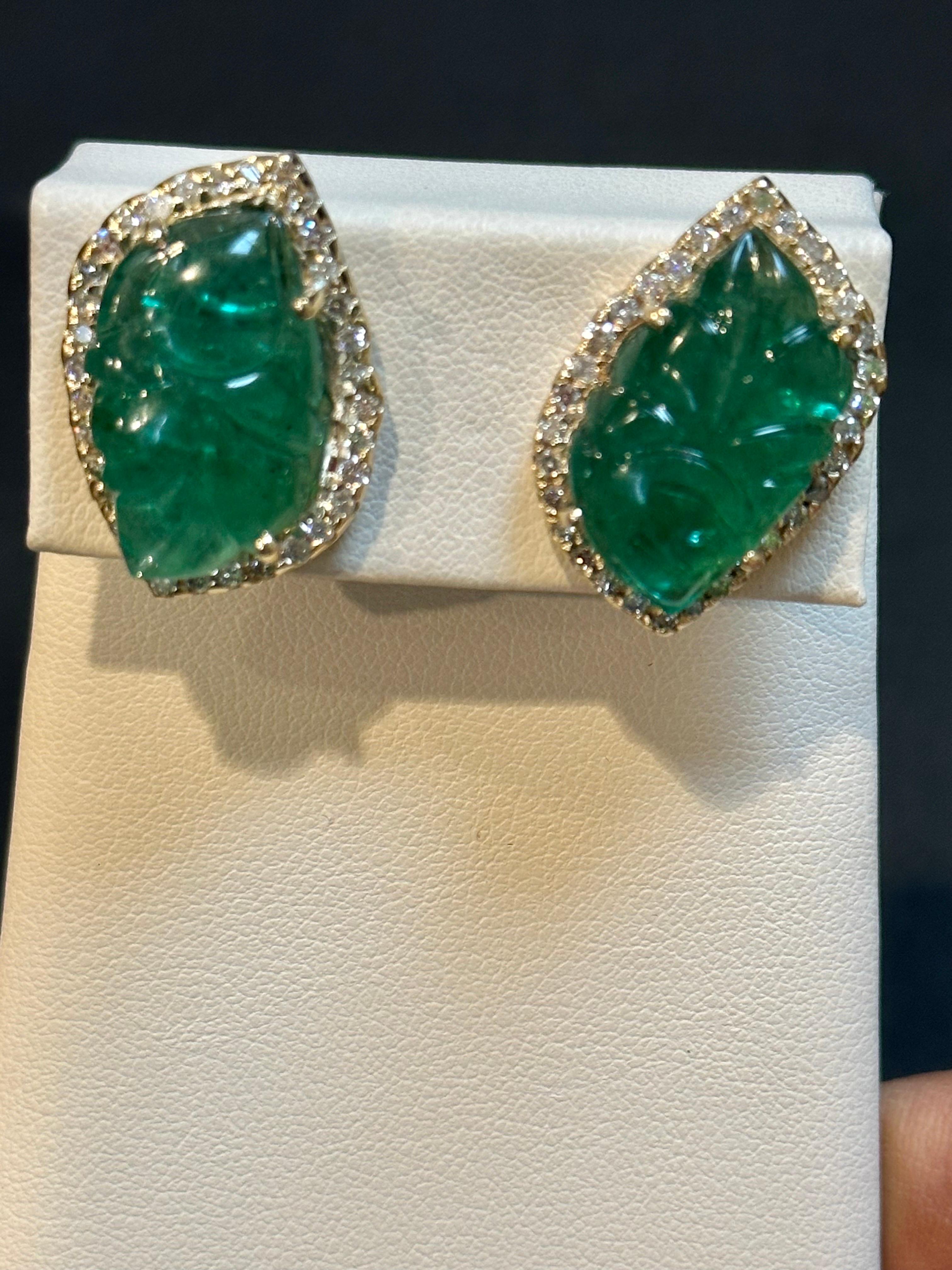 22 Ct Carved Emerald & 2 Ct Diamond Earrings 14 Karat Yellow Gold Post Earrings For Sale 1