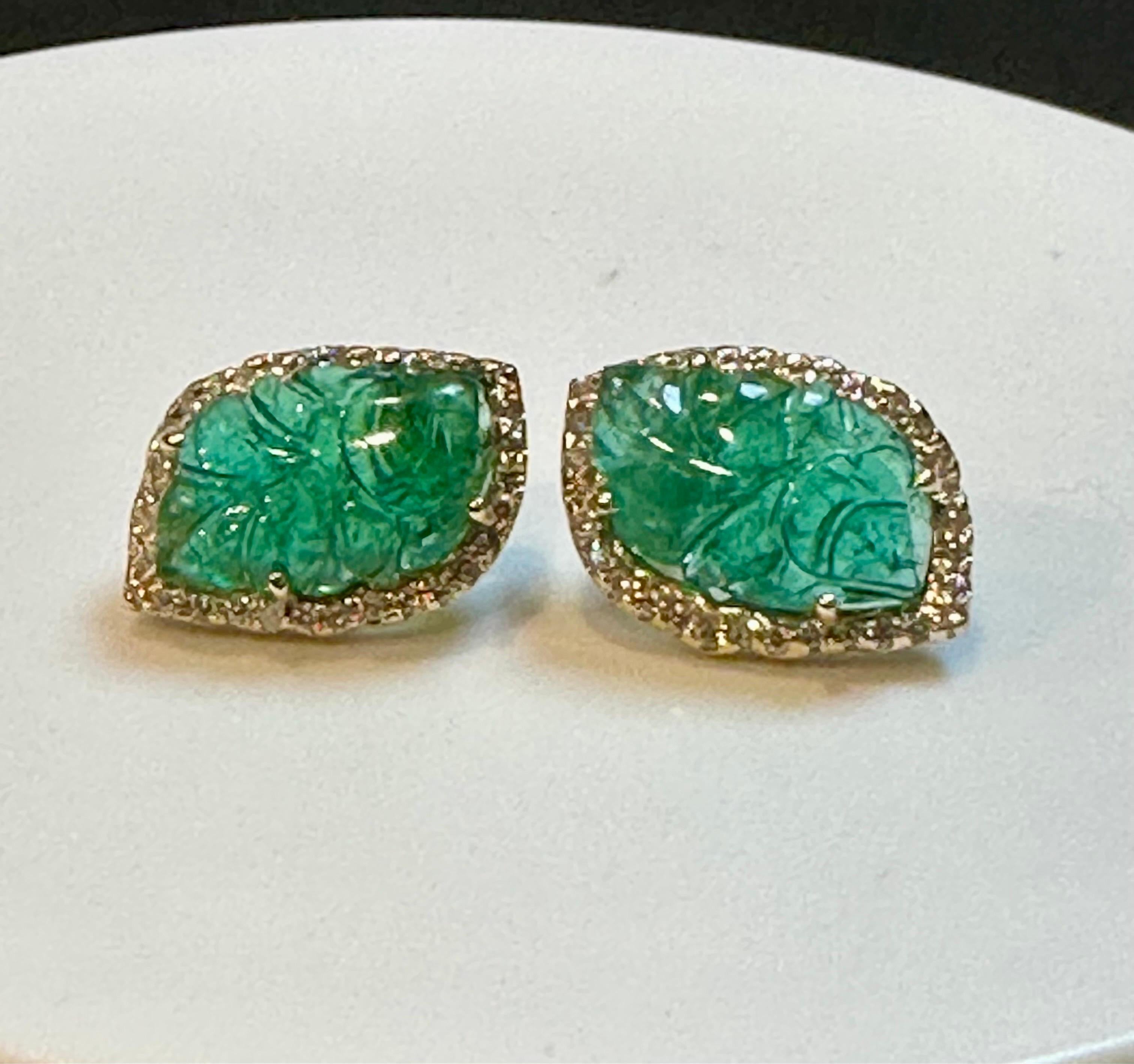 22 Ct Carved Emerald & 2 Ct Diamond Earrings 14 Karat Yellow Gold Post Earrings For Sale 2