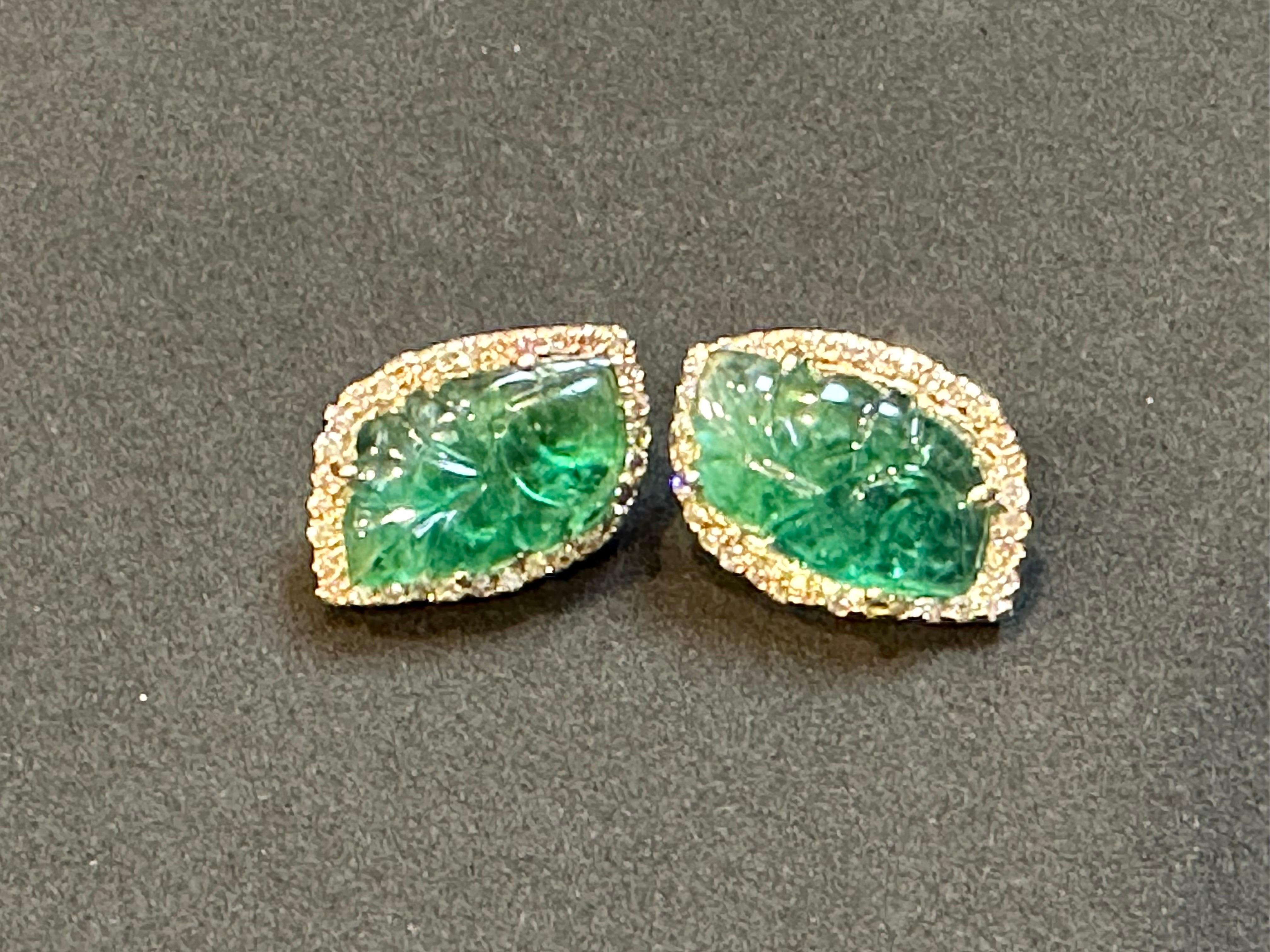22 Ct Carved Emerald & 2 Ct Diamond Earrings 14 Karat Yellow Gold Post Earrings For Sale 4