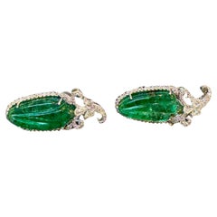 22 Ct Carved Emerald & 2 Ct Diamond Earrings 18 Karat White Gold Post Earrings