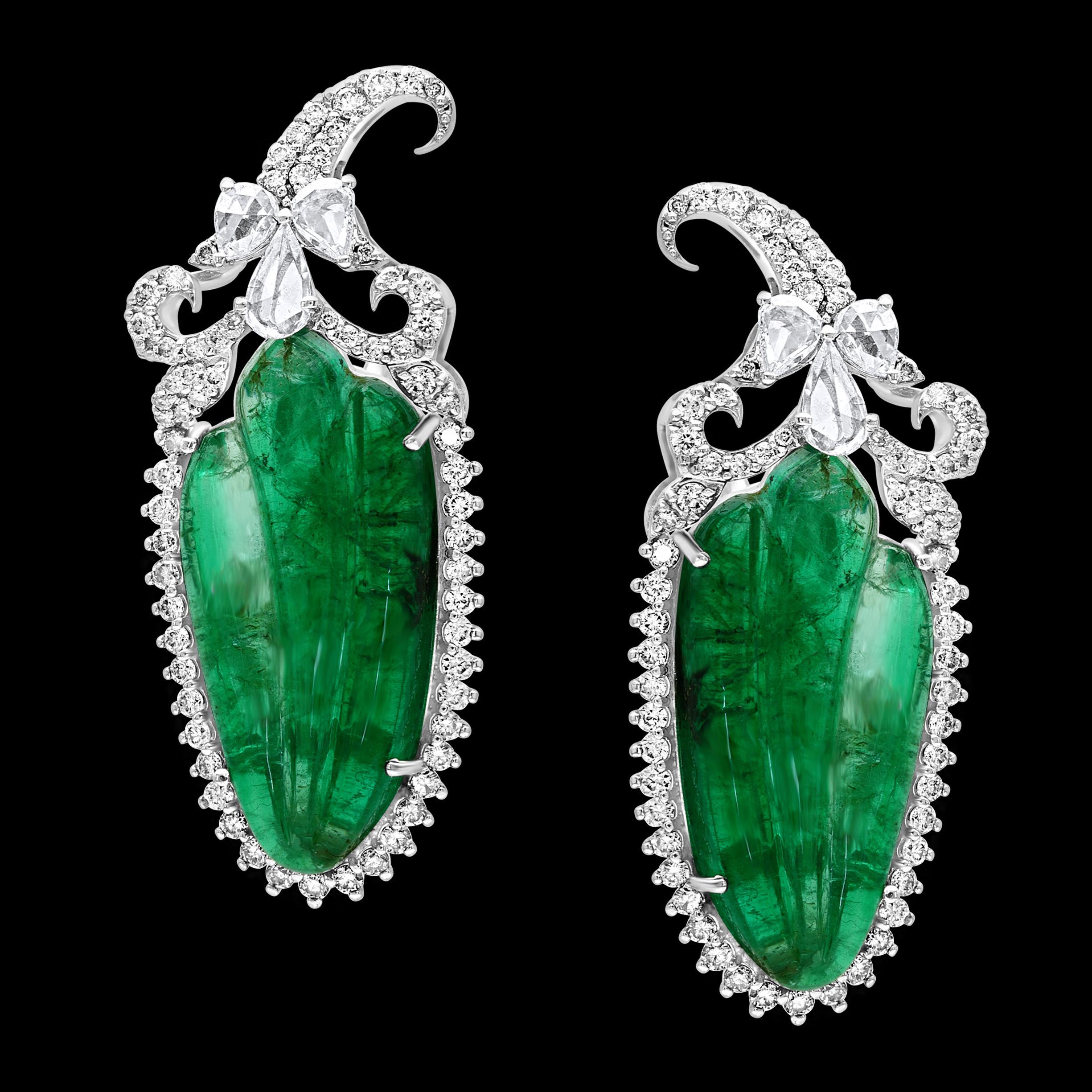 Emerald Cut 22 Ct Carved Emerald & 2 Ct Diamond Earrings 18 Karat White Gold Post Earrings For Sale