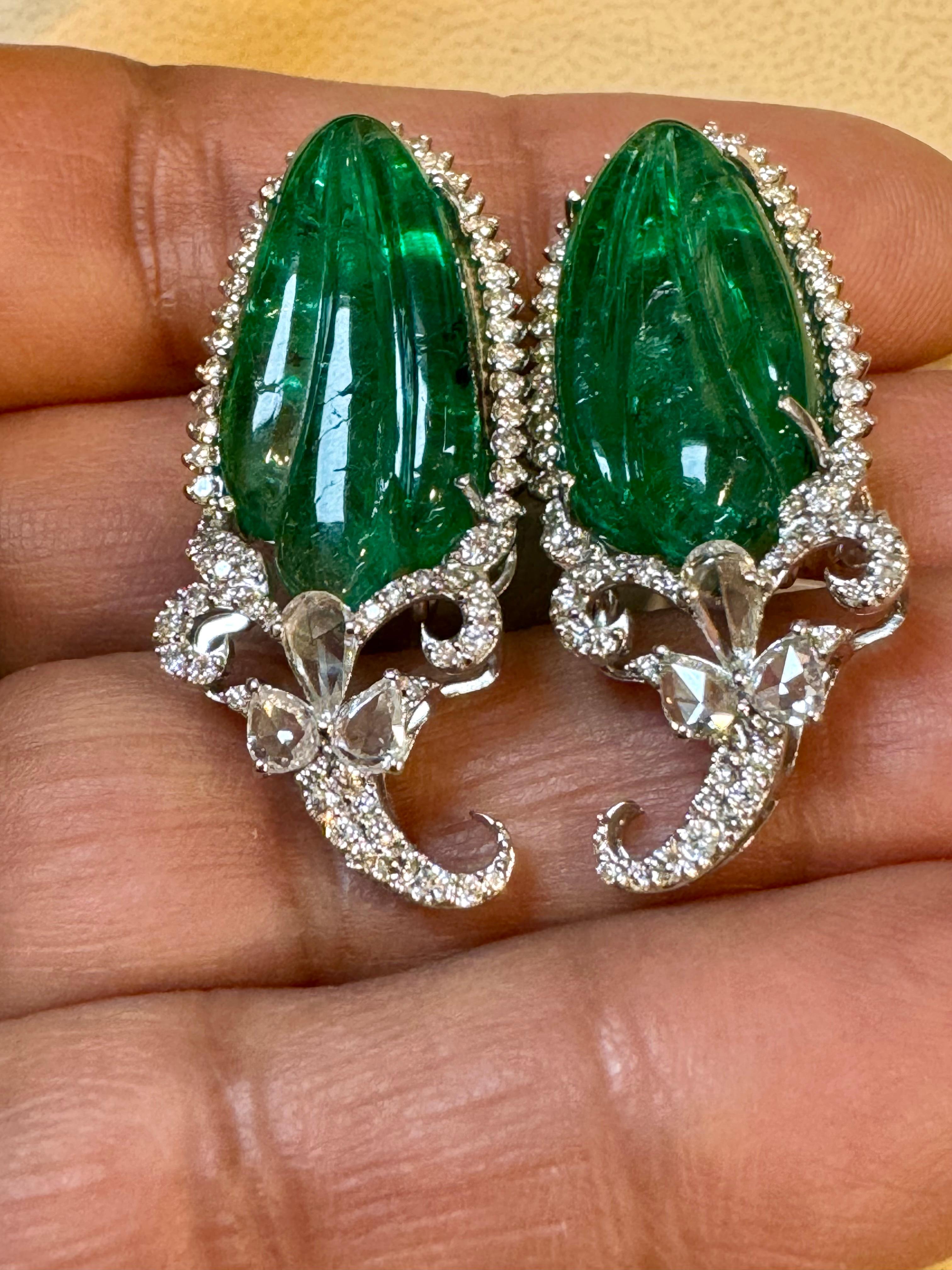 22 Ct Carved Emerald & 2 Ct Diamond Earrings 18 Karat White Gold Post Earrings In Excellent Condition For Sale In New York, NY