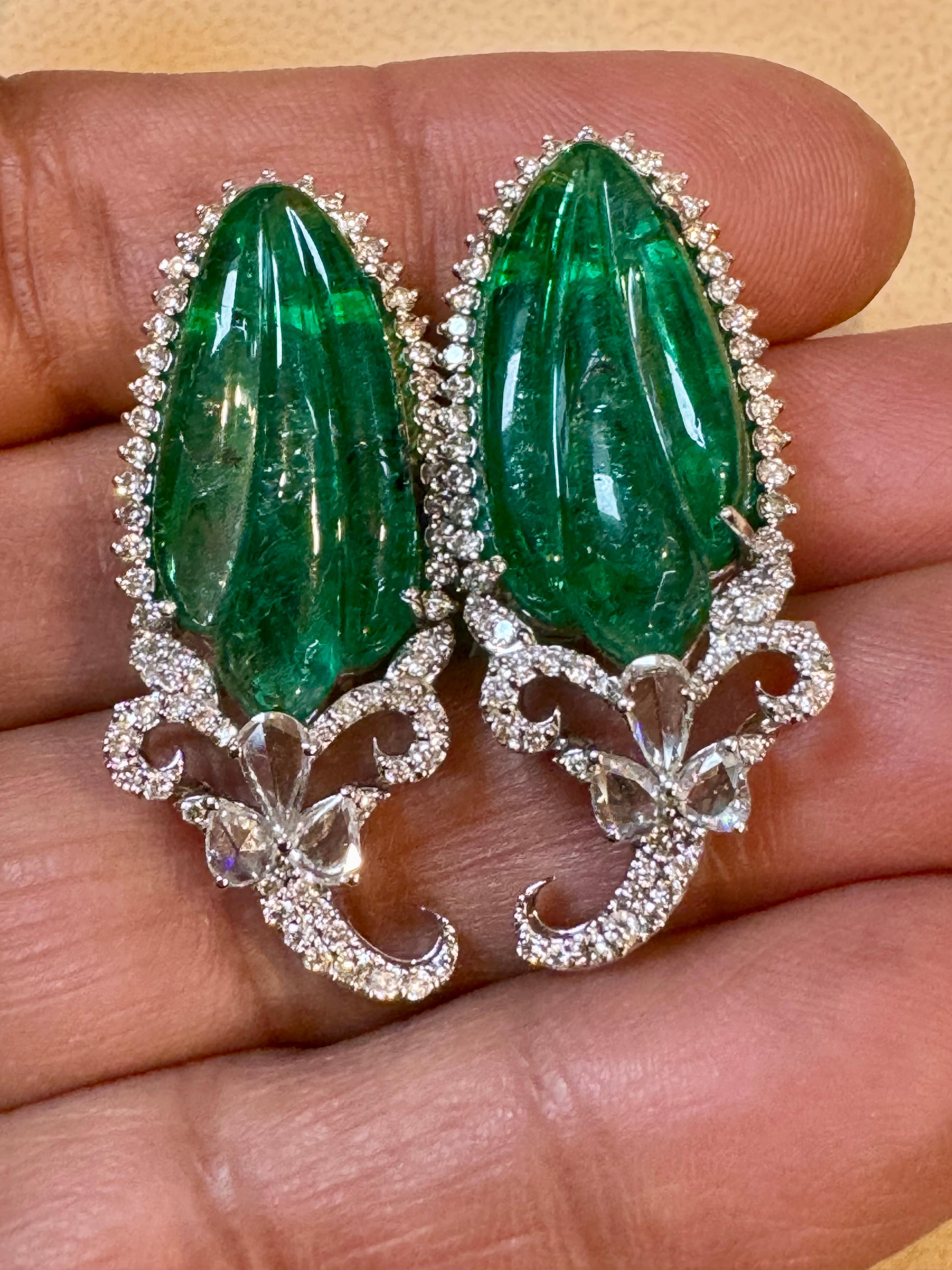 Women's 22 Ct Carved Emerald & 2 Ct Diamond Earrings 18 Karat White Gold Post Earrings For Sale