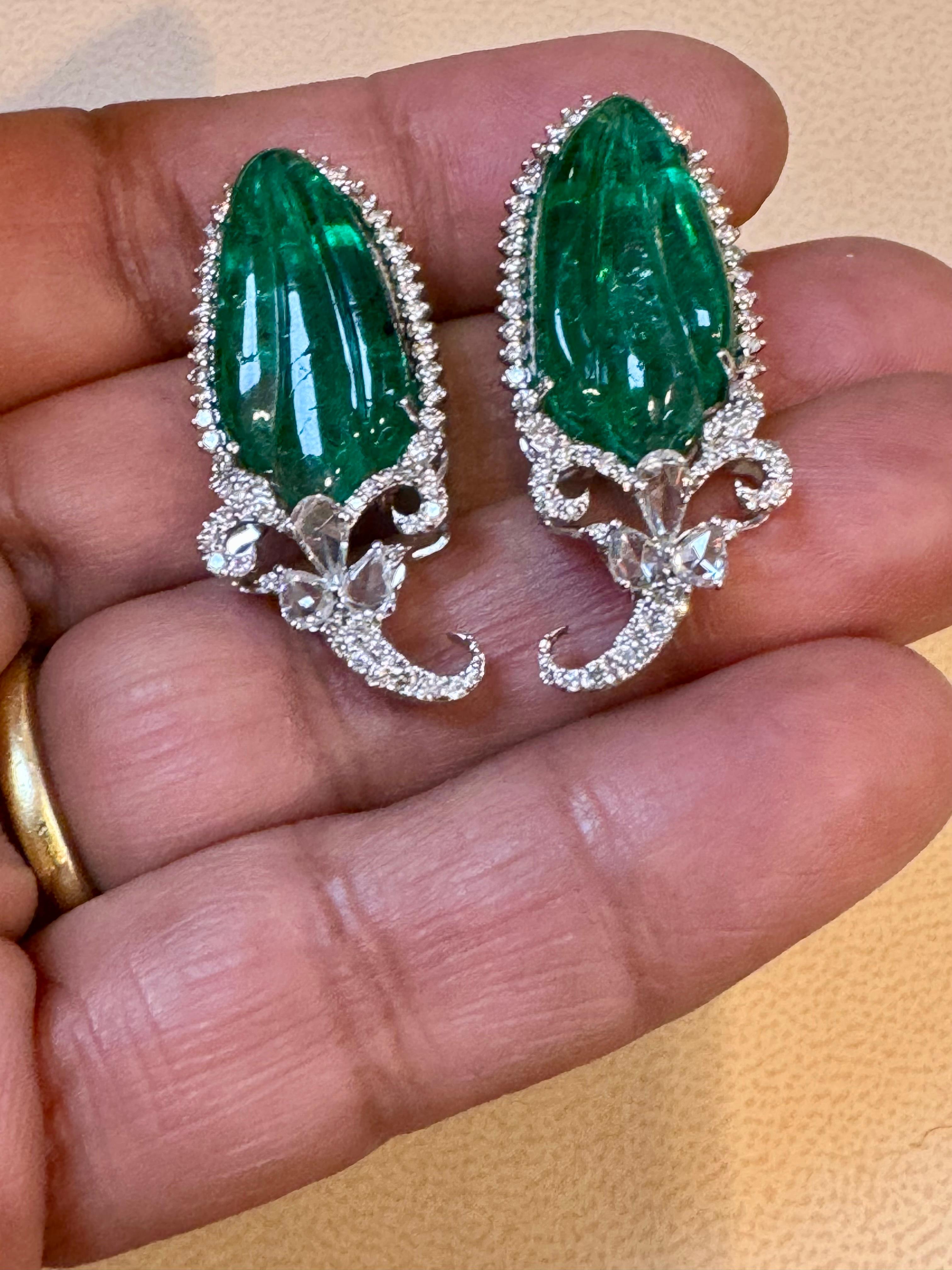 22 Ct Carved Emerald & 2 Ct Diamond Earrings 18 Karat White Gold Post Earrings For Sale 1