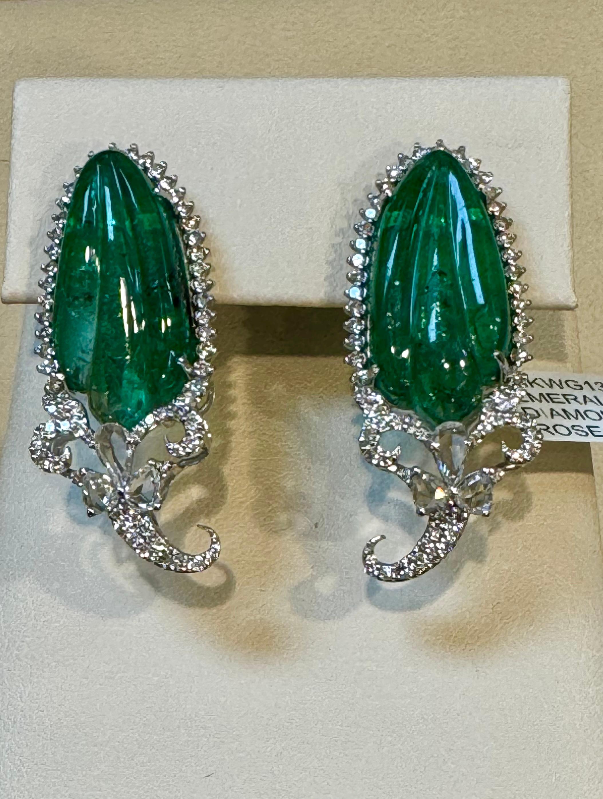 22 Ct Carved Emerald & 2 Ct Diamond Earrings 18 Karat White Gold Post Earrings For Sale 2