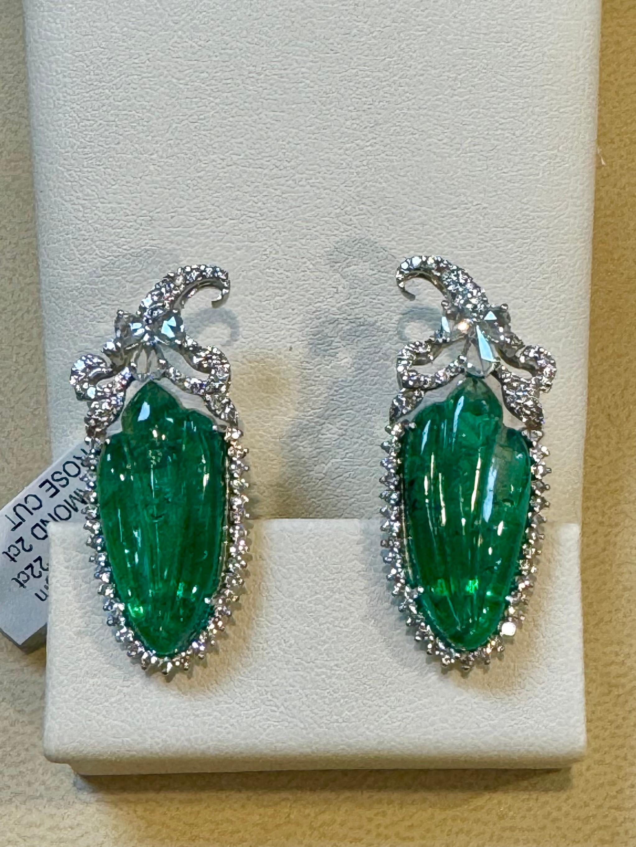 22 Ct Carved Emerald & 2 Ct Diamond Earrings 18 Karat White Gold Post Earrings For Sale 3