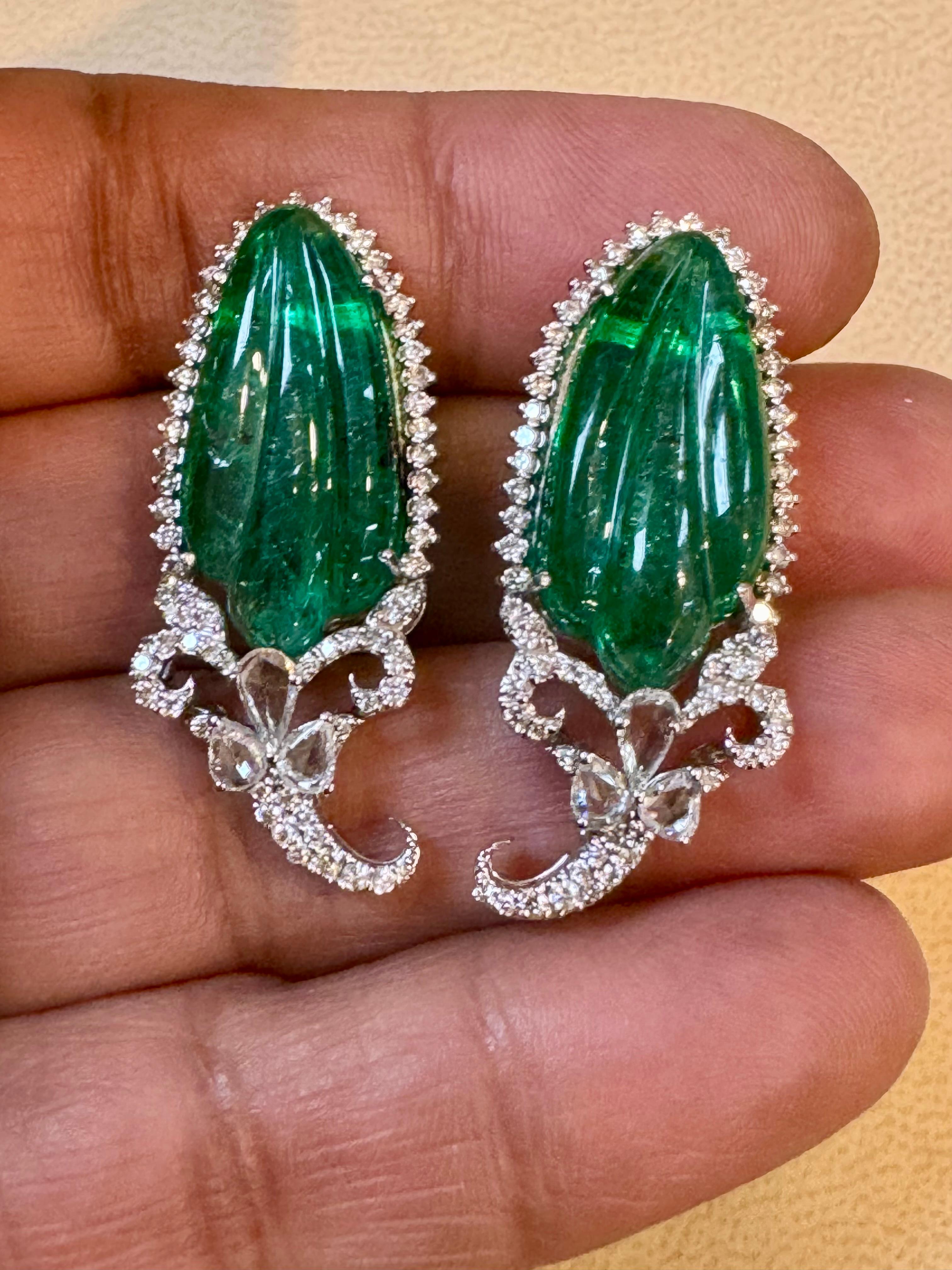 22 Ct Carved Emerald & 2 Ct Diamond Earrings 18 Karat White Gold Post Earrings For Sale 4