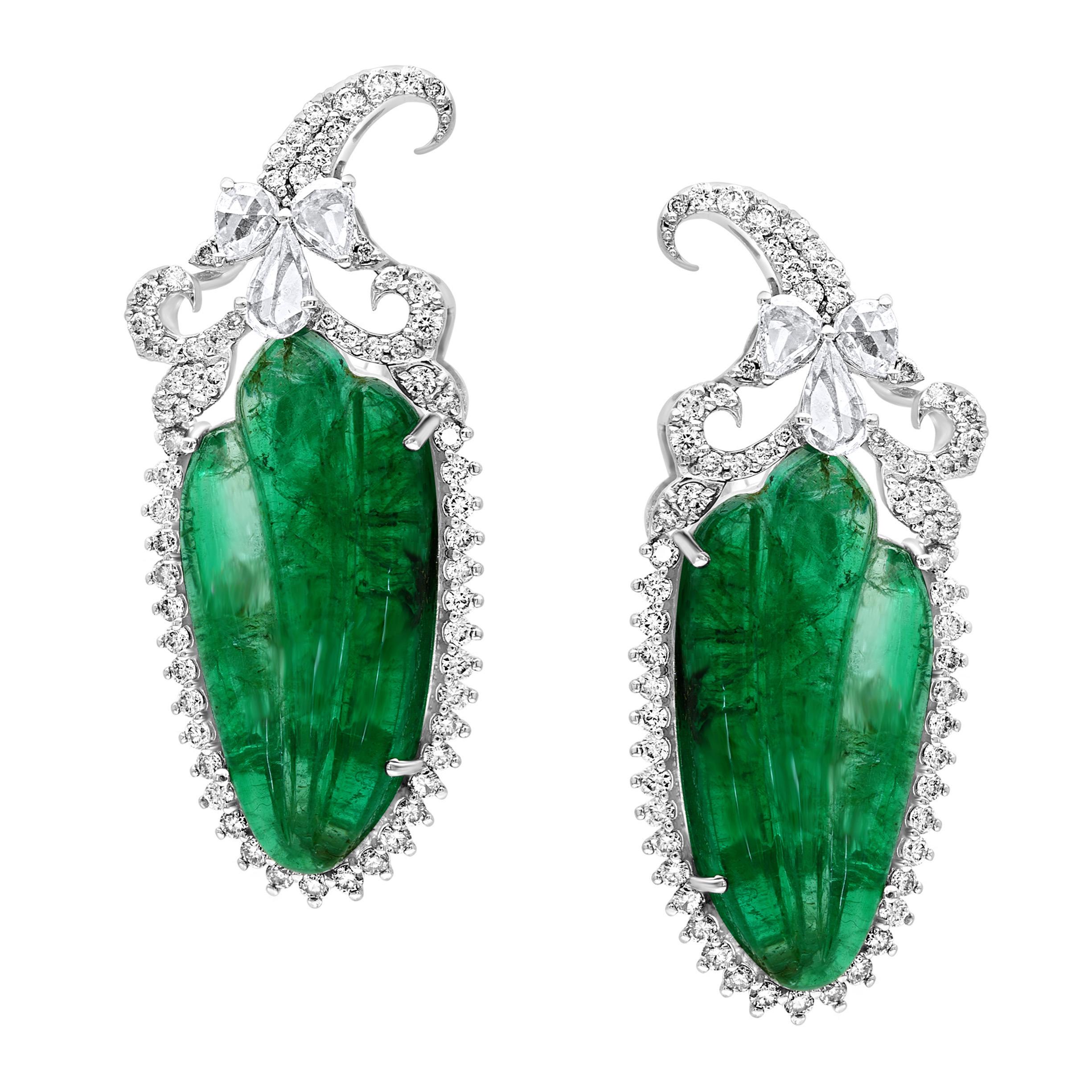 22 Ct Carved Emerald & 2 Ct Diamond Earrings 18 Karat White Gold Post Earrings For Sale