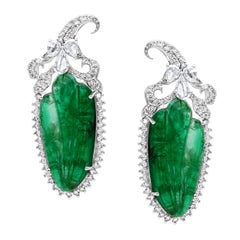 22 Ct Carved Emerald & 2 Ct Diamond Earrings 18 Karat White Gold Post Earrings