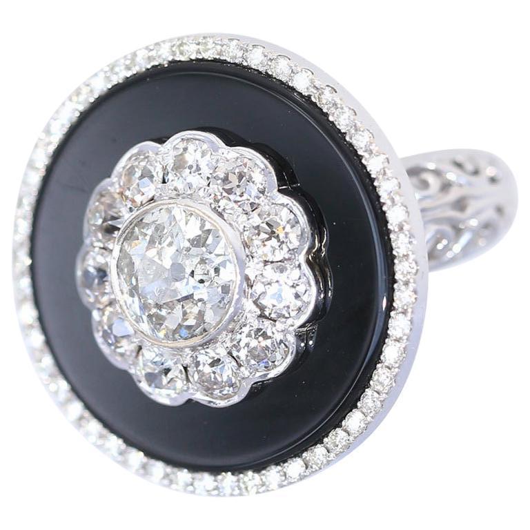 2.2 Ct Center Stone 4.35 Ct Diamonds Onyx Ring White Gold Certified, 1930
