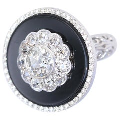 2.2 Ct Center Stone 4.35 Ct Diamonds Onyx Ring White Gold Certified, 1930
