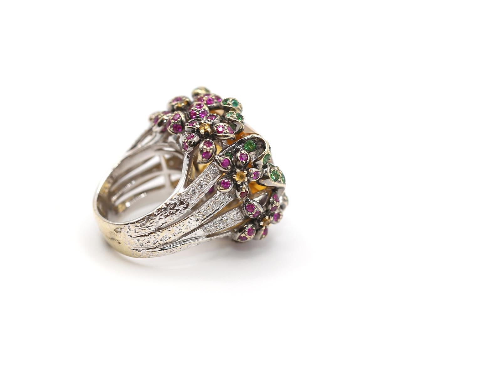 22 Ct Citrine Tsavorite Diamants Rubis Bague à grappe florale en or 18K, 2000 en vente 2