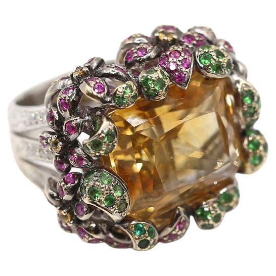 22 Ct Citrine Tsavorite Diamants Rubis Bague à grappe florale en or 18K, 2000