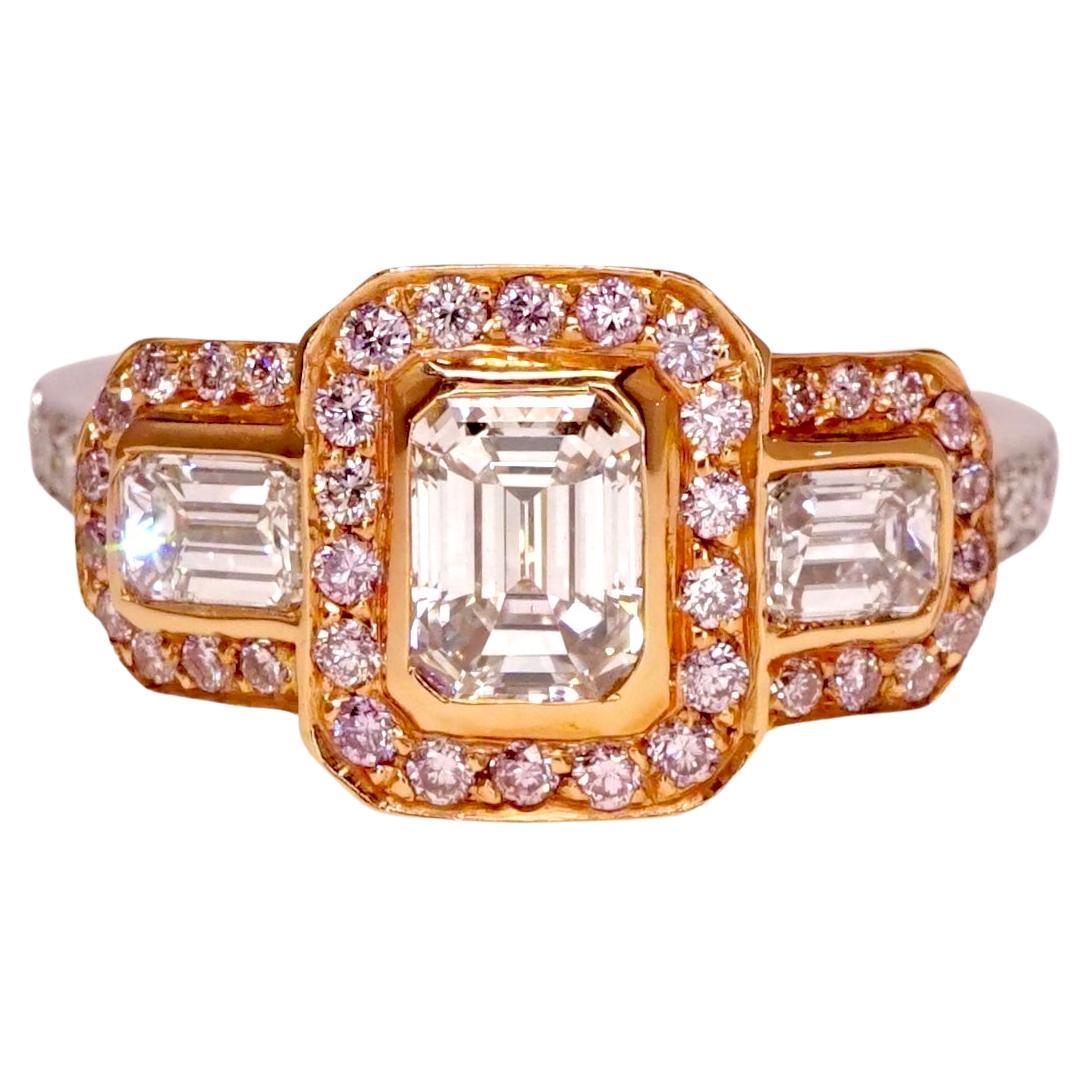 2.2 CT Emerald Cut Diamond 3-Stone Engagement Ring With Natural Pink Diamonds
