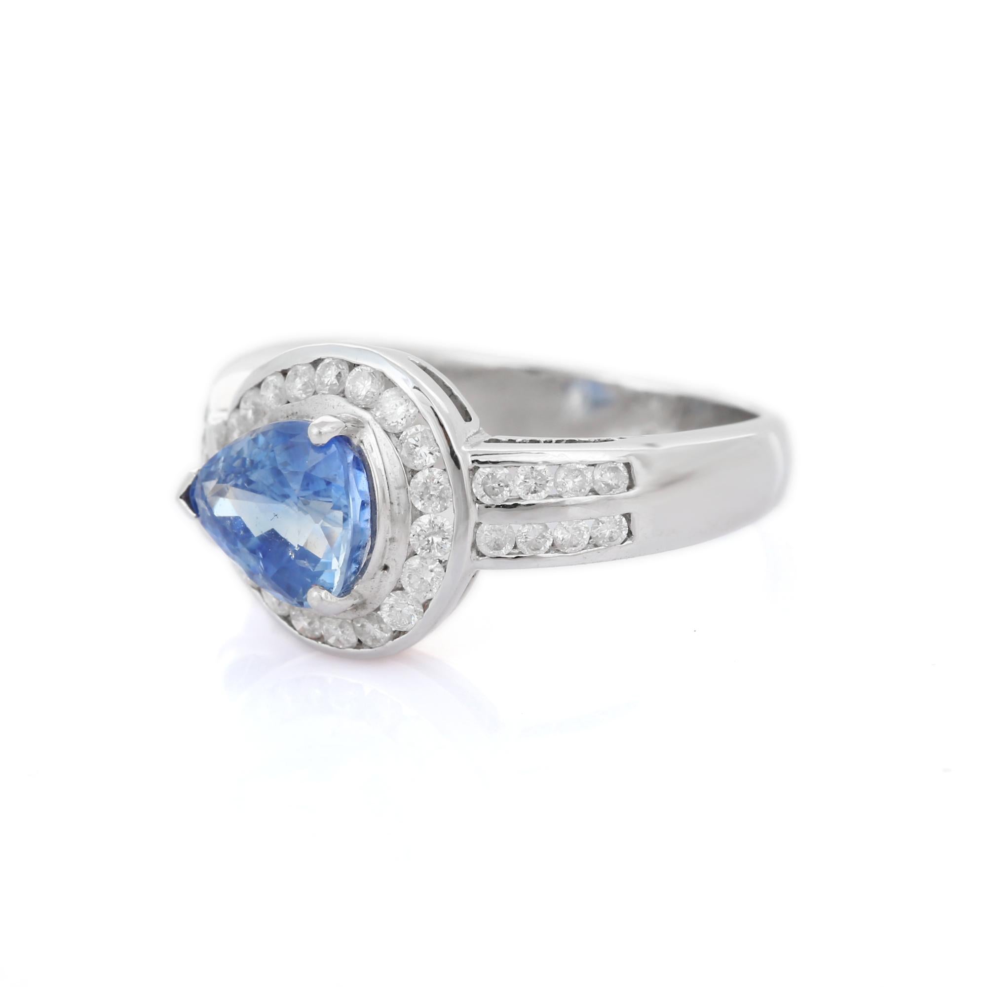 For Sale:  Pear Blue Sapphire and Diamond Wedding Ring Encased in Solid 18k White Gold 3