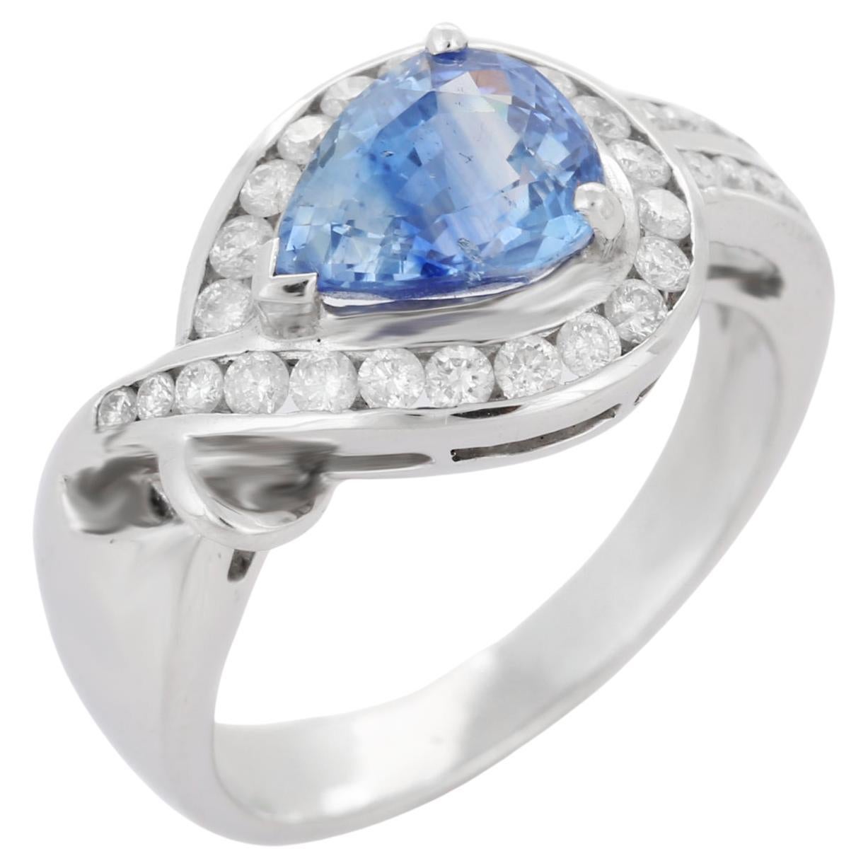 Bague de mariage en or blanc massif 18 carats avec saphir bleu poire et diamants enchâssés