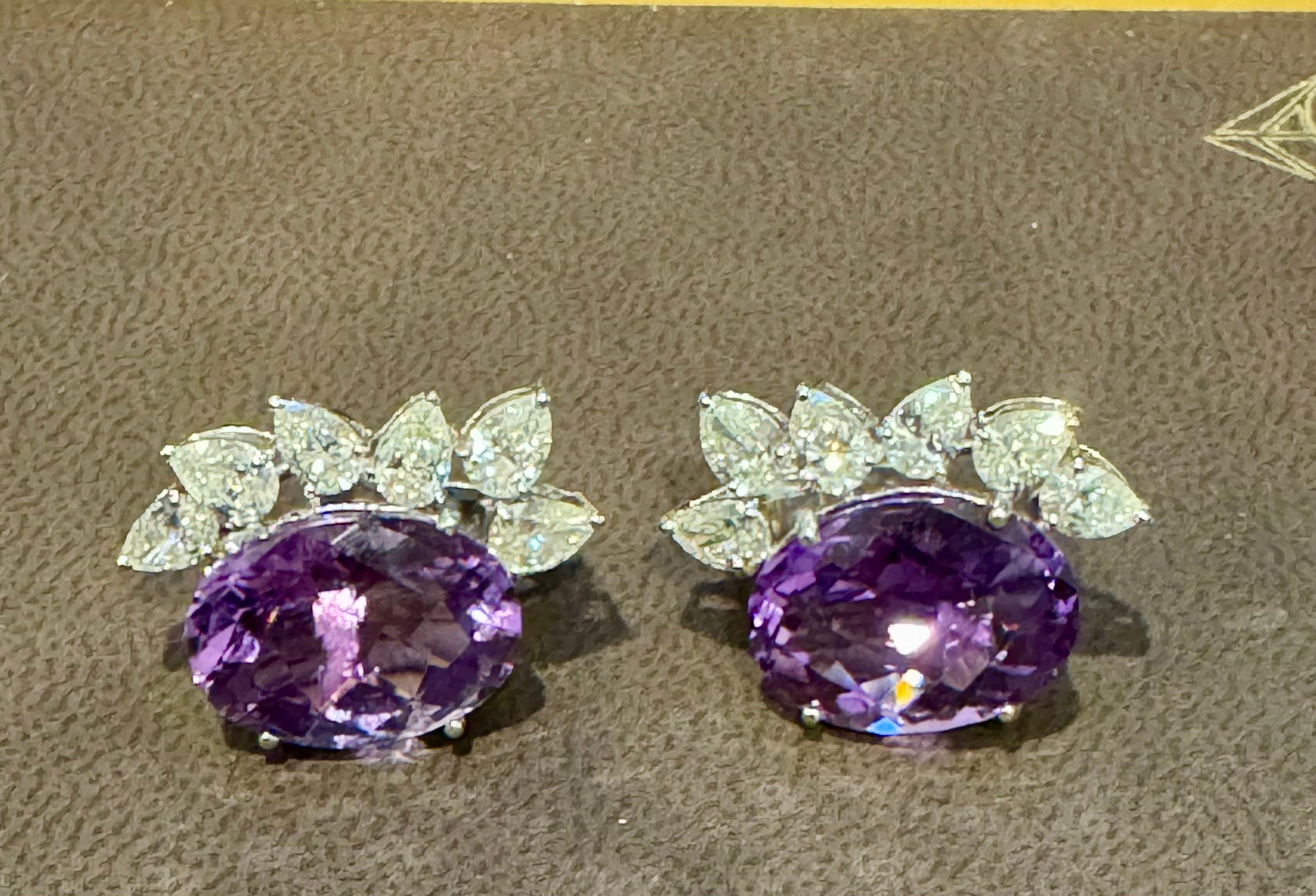 22 Karat natürlicher Amethyst & 3,60 Karat birnenförmiger Diamant-Ohrstecker, 14KWG Damen im Angebot