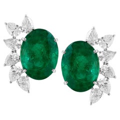 22 Ct Natural Zambian Emerald & 3.60 Ct Pear shape Diamond Stud Earrings, 14KWG