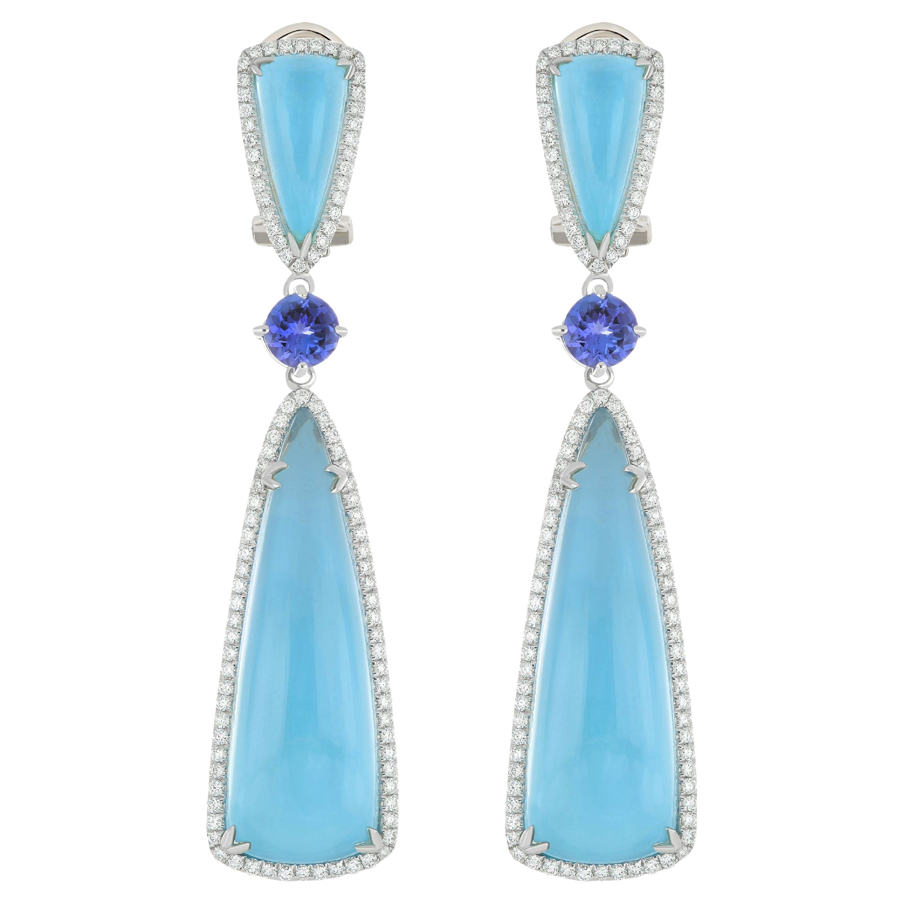 22 Cts Sky Blue Topaz, Tanzanite and Diamond Earrings in 14karat White Gold
