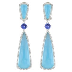 Boucles d'oreilles en or blanc 14 carats Topaze bleu ciel, Tanzanite et diamant de 22 cts