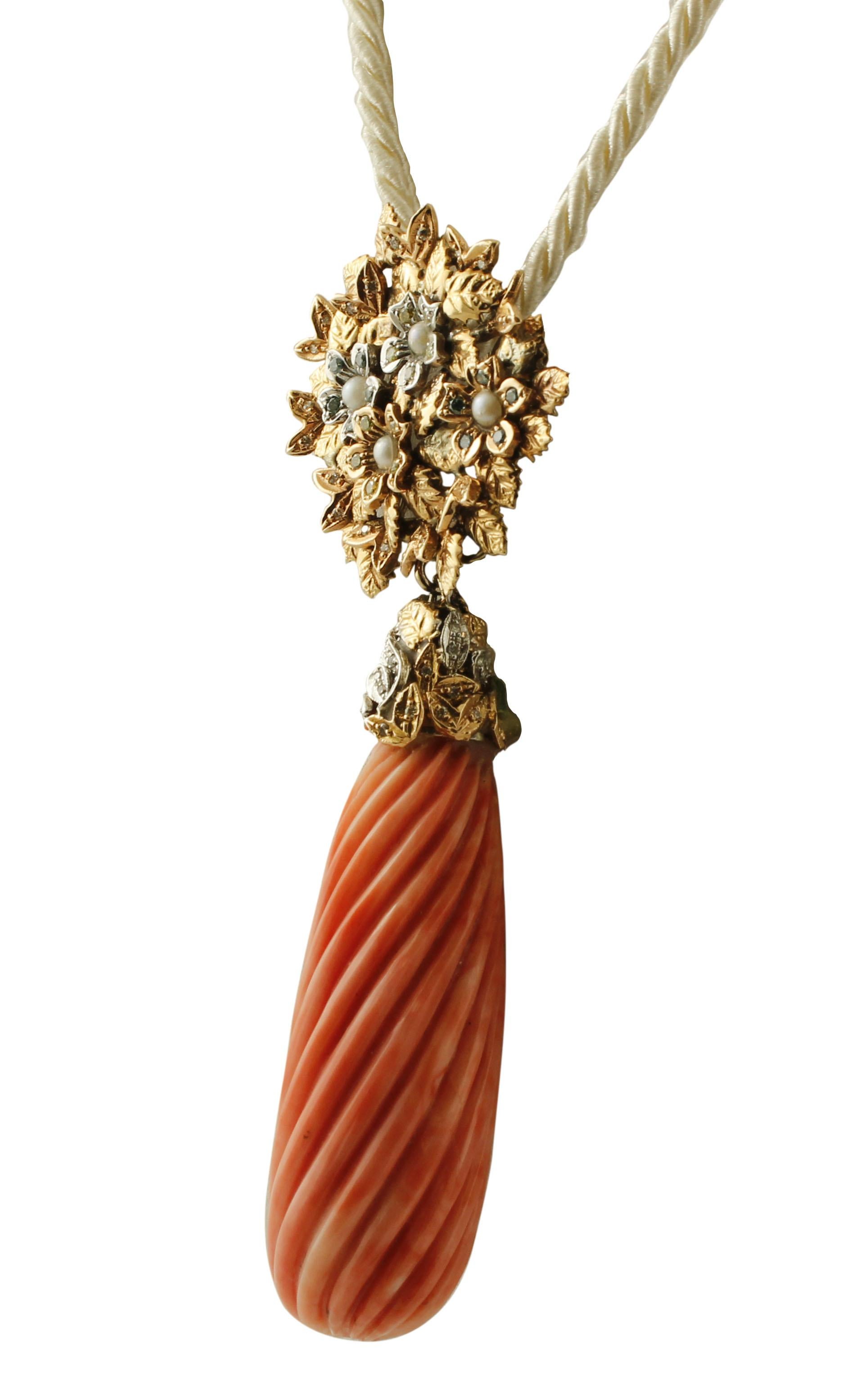Retro 22 g Engraved Big Orange Coral, Diamonds, Pearls, 14K Yellow/White Gold Pendant For Sale