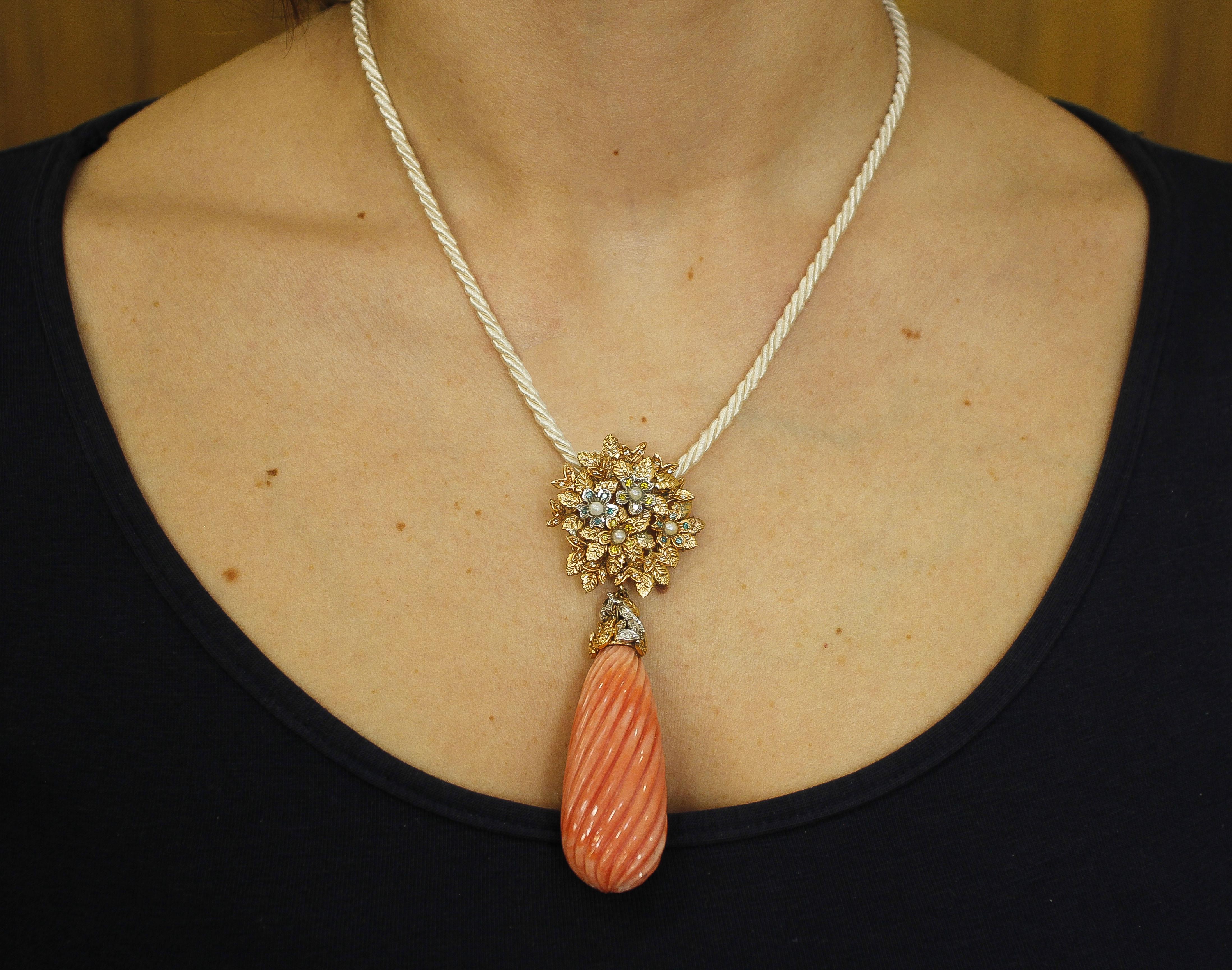 Women's 22 g Engraved Big Orange Coral, Diamonds, Pearls, 14K Yellow/White Gold Pendant For Sale