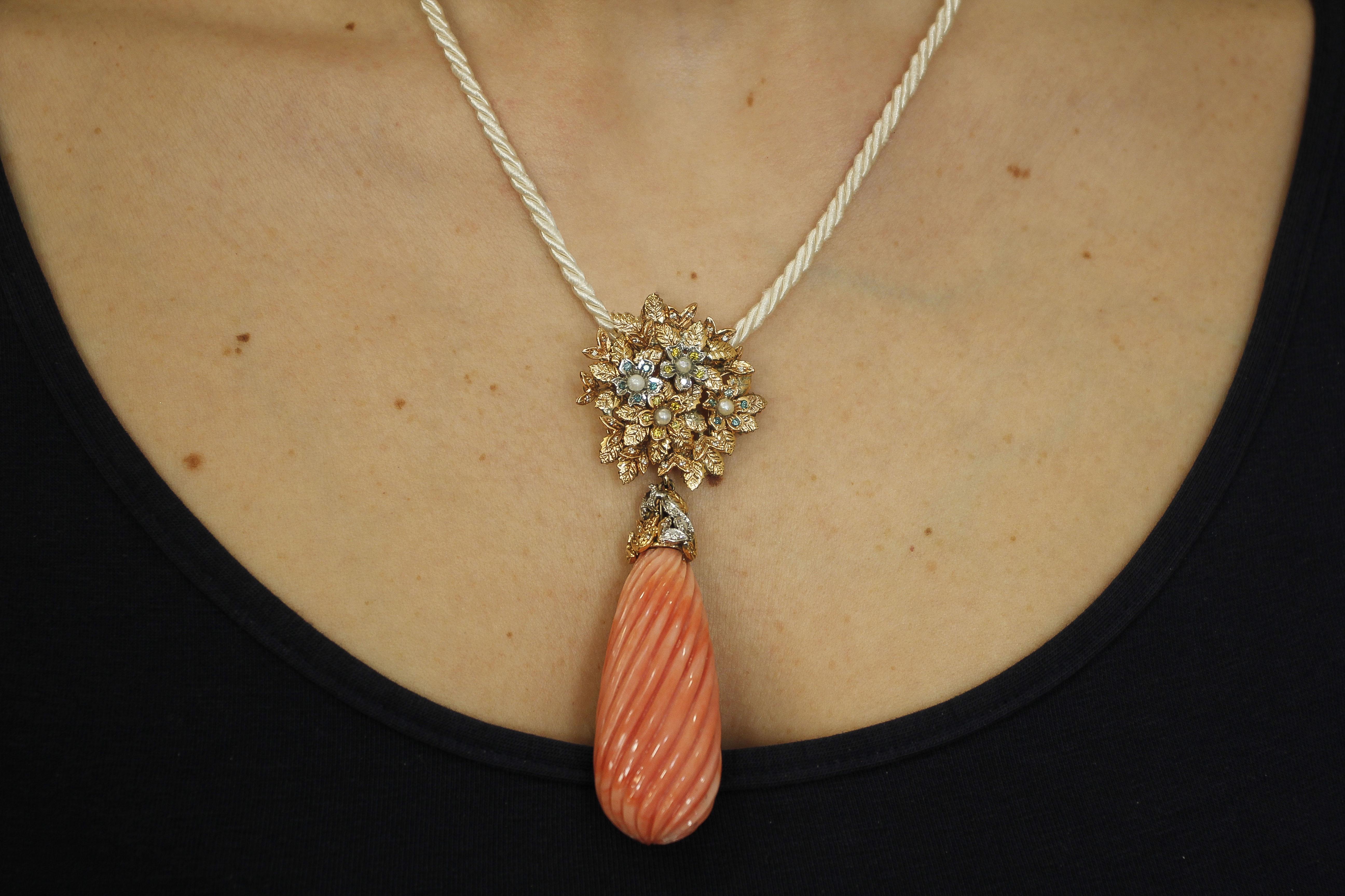 22 g Engraved Big Orange Coral, Diamonds, Pearls, 14K Yellow/White Gold Pendant For Sale 1