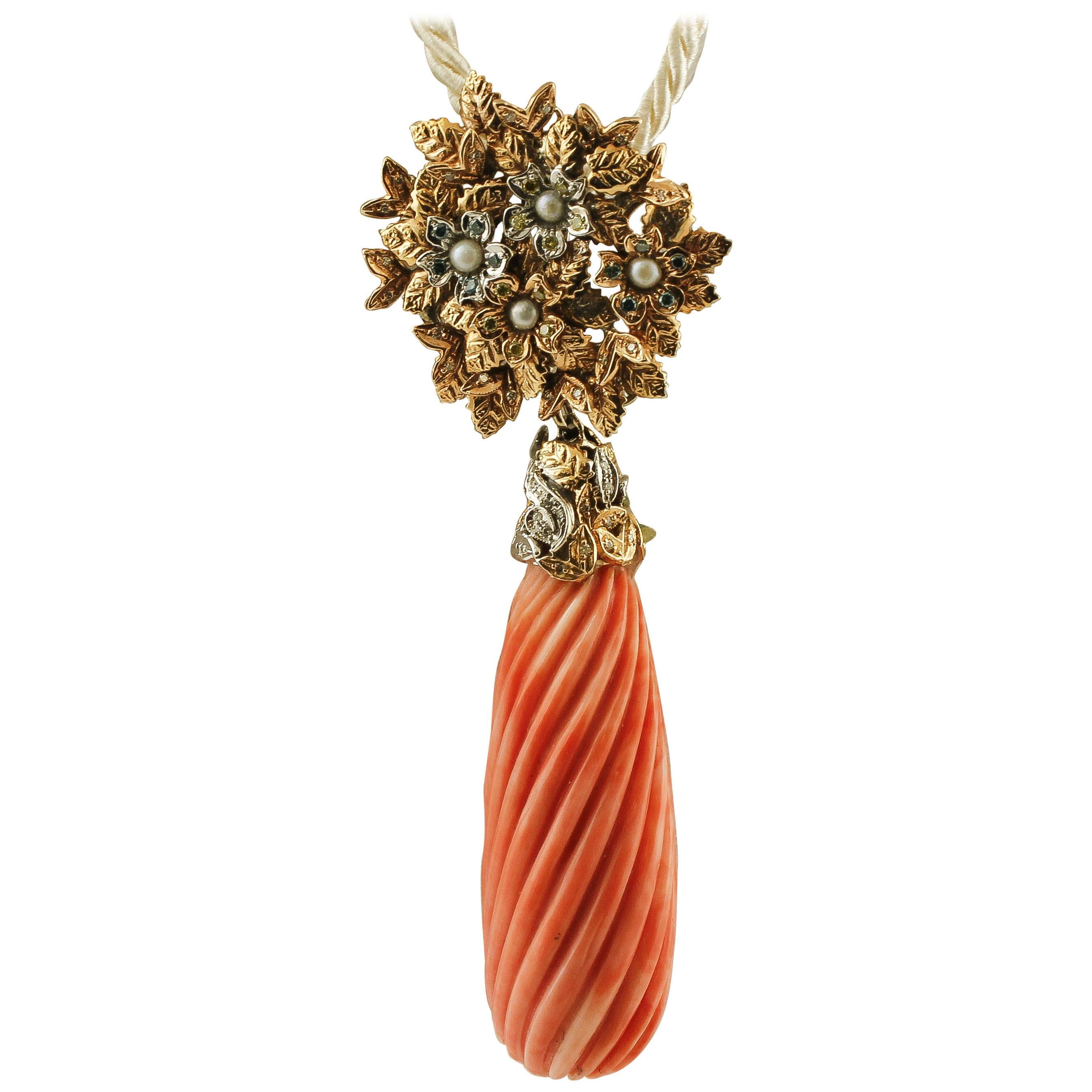 22 g Engraved Big Orange Coral, Diamonds, Pearls, 14K Yellow/White Gold Pendant For Sale