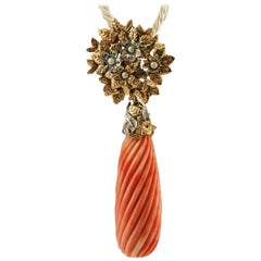 Vintage 22 g Engraved Big Orange Coral, Diamonds, Pearls, 14K Yellow/White Gold Pendant