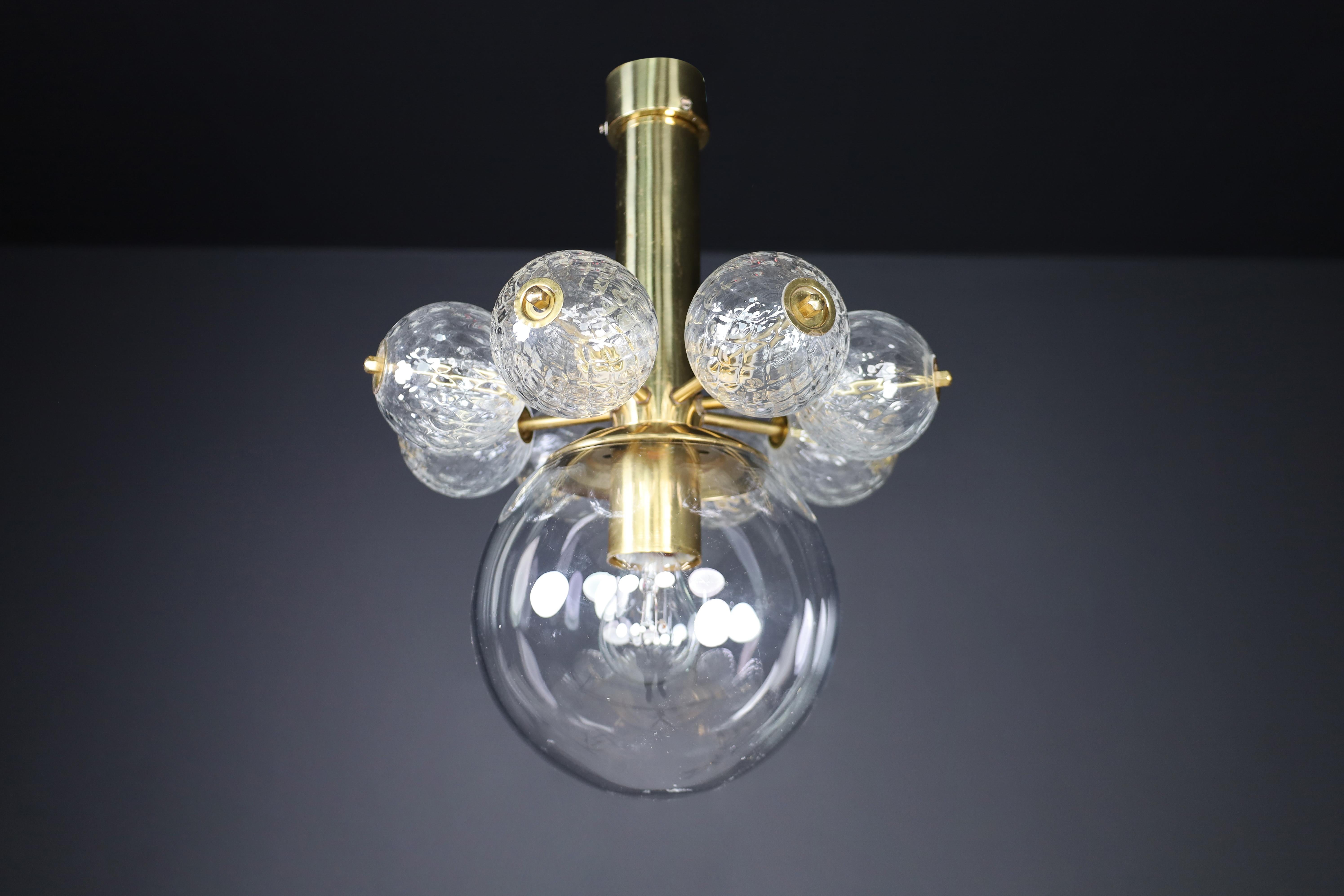 Brass Large set chandelier with brass fixture and hand-blowed  glass globes, Cz 1960 For Sale