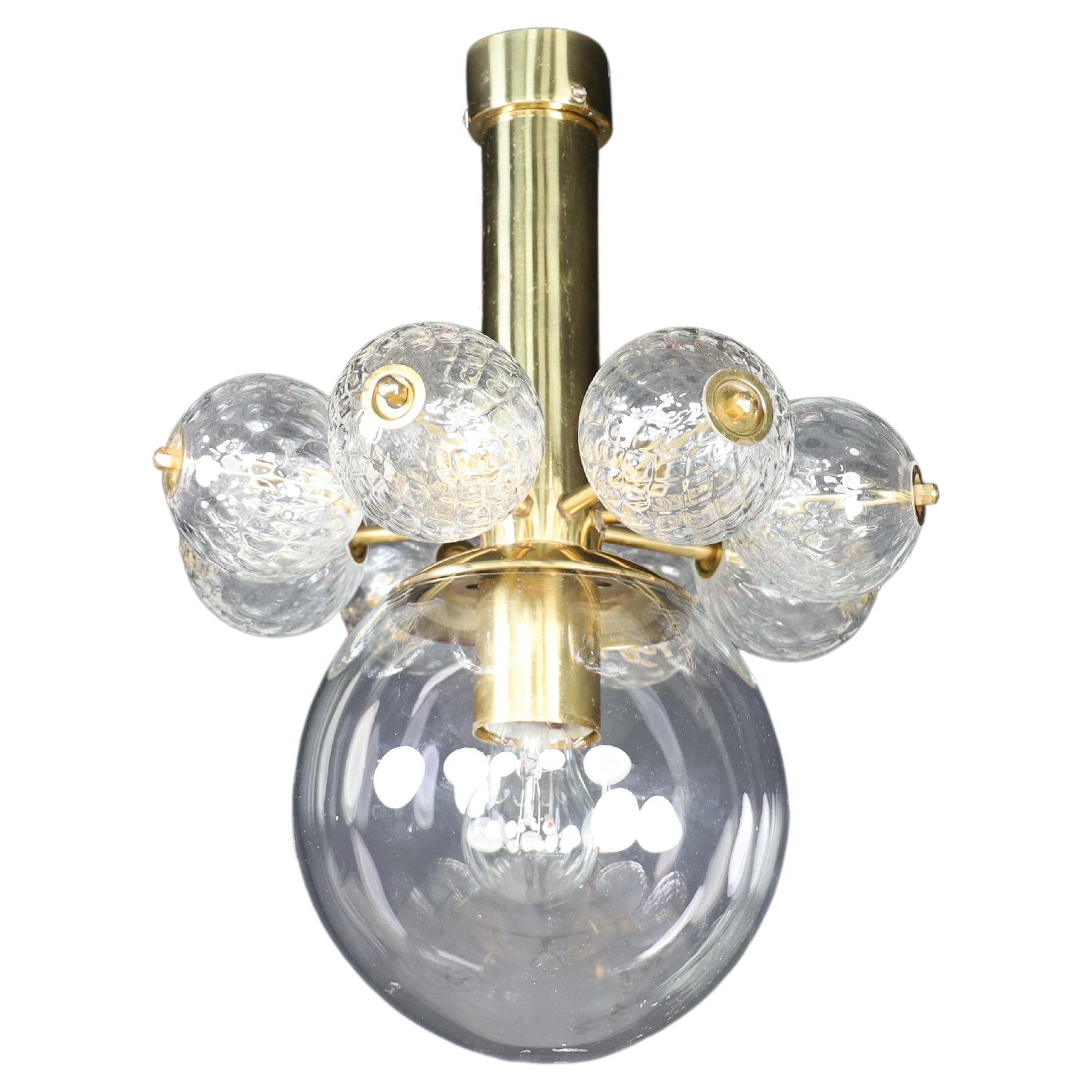 Large set chandelier with brass fixture and hand-blowed  glass globes, Cz 1960