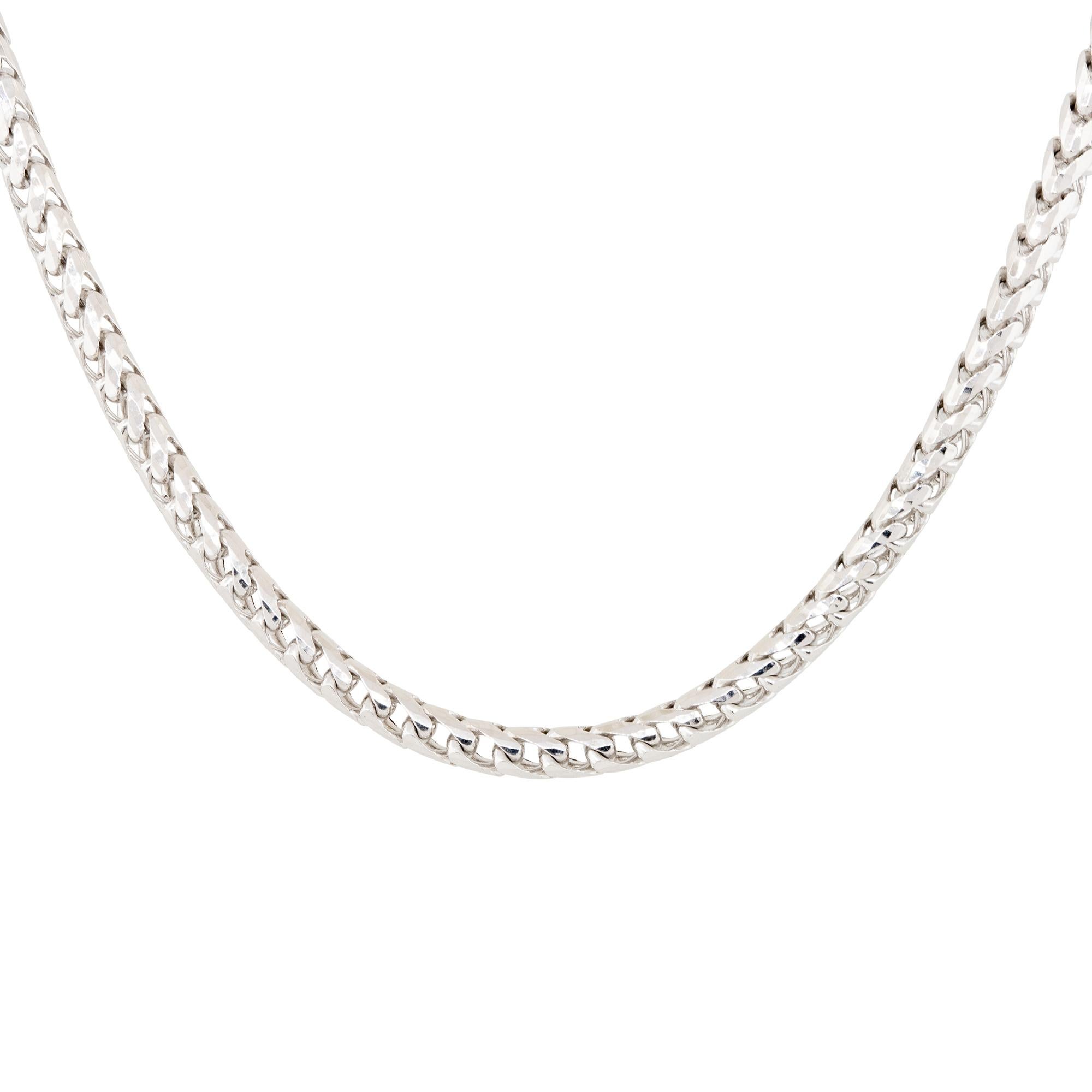 10k White Gold 22″ Men’s 4mm Franco Chain

Material: 10k White Gold
Measurements: Necklace Measures 22″ in Length and 4mm in Thickness
Fastening: Spring Ring Clasp
Item Weight: 41.37g (26.6dwt)
Additional Details: This item comes with a presentation