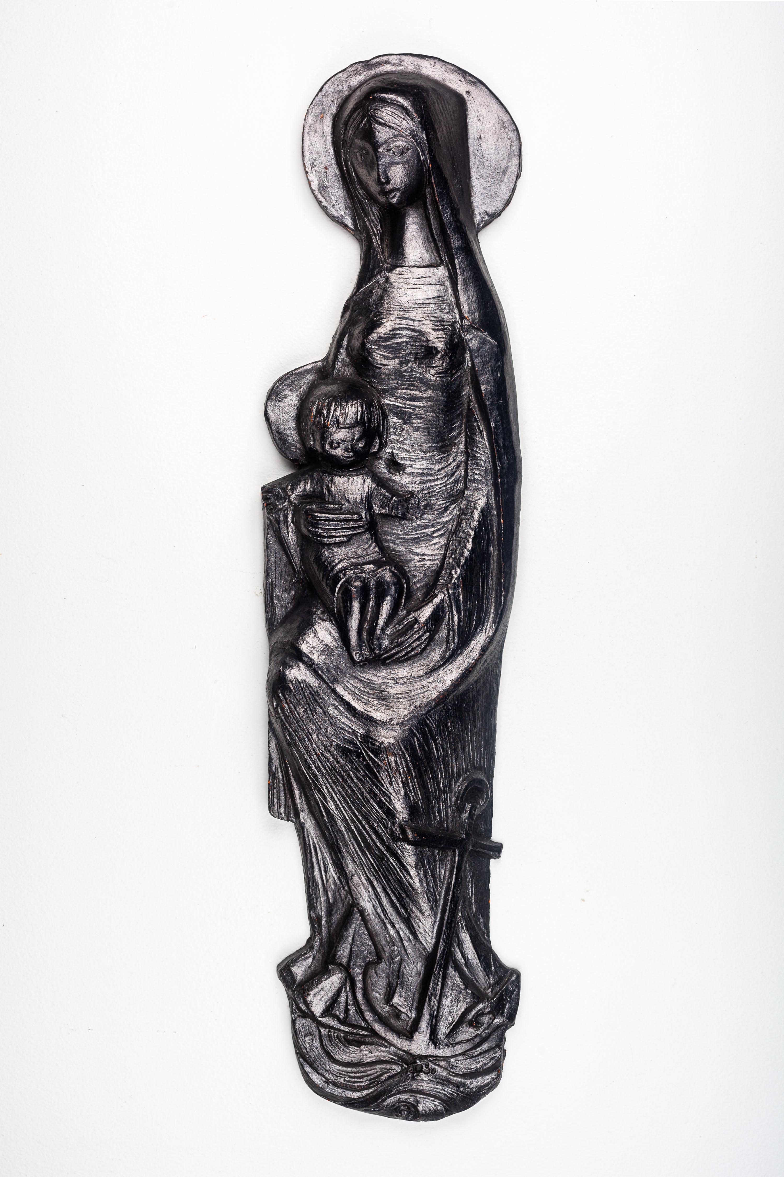 Décoration murale en céramique noire de 22 pouces - Vierge Marie avec ancre parmi les vagues en vente 6