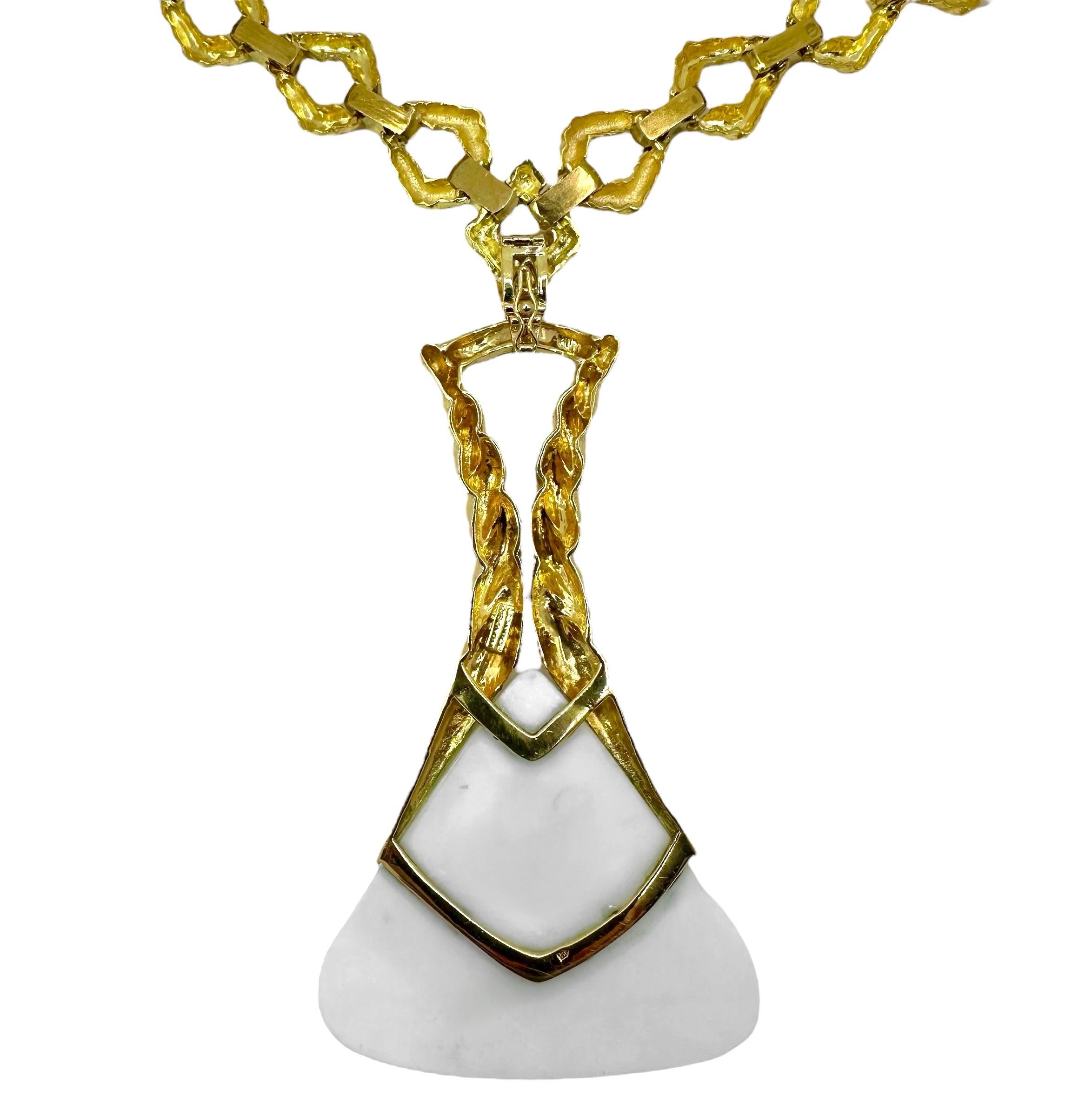Cabochon 22 Inch Long Gold Necklace with White Onyx Pendant by French Designer Wander For Sale