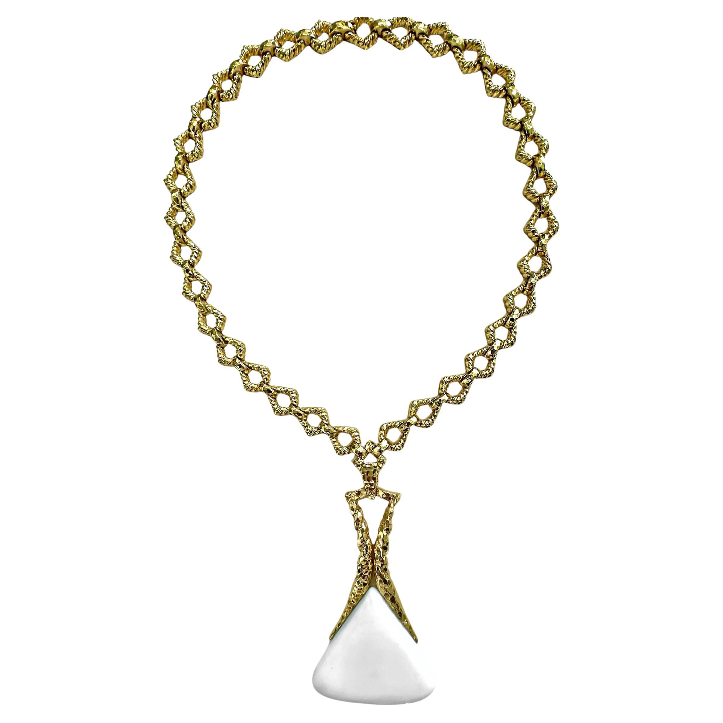 22 Inch Long Gold Necklace with White Onyx Pendant by French Designer Wander For Sale