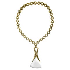 Vintage 22 Inch Long Gold Necklace with White Onyx Pendant by French Designer Wander