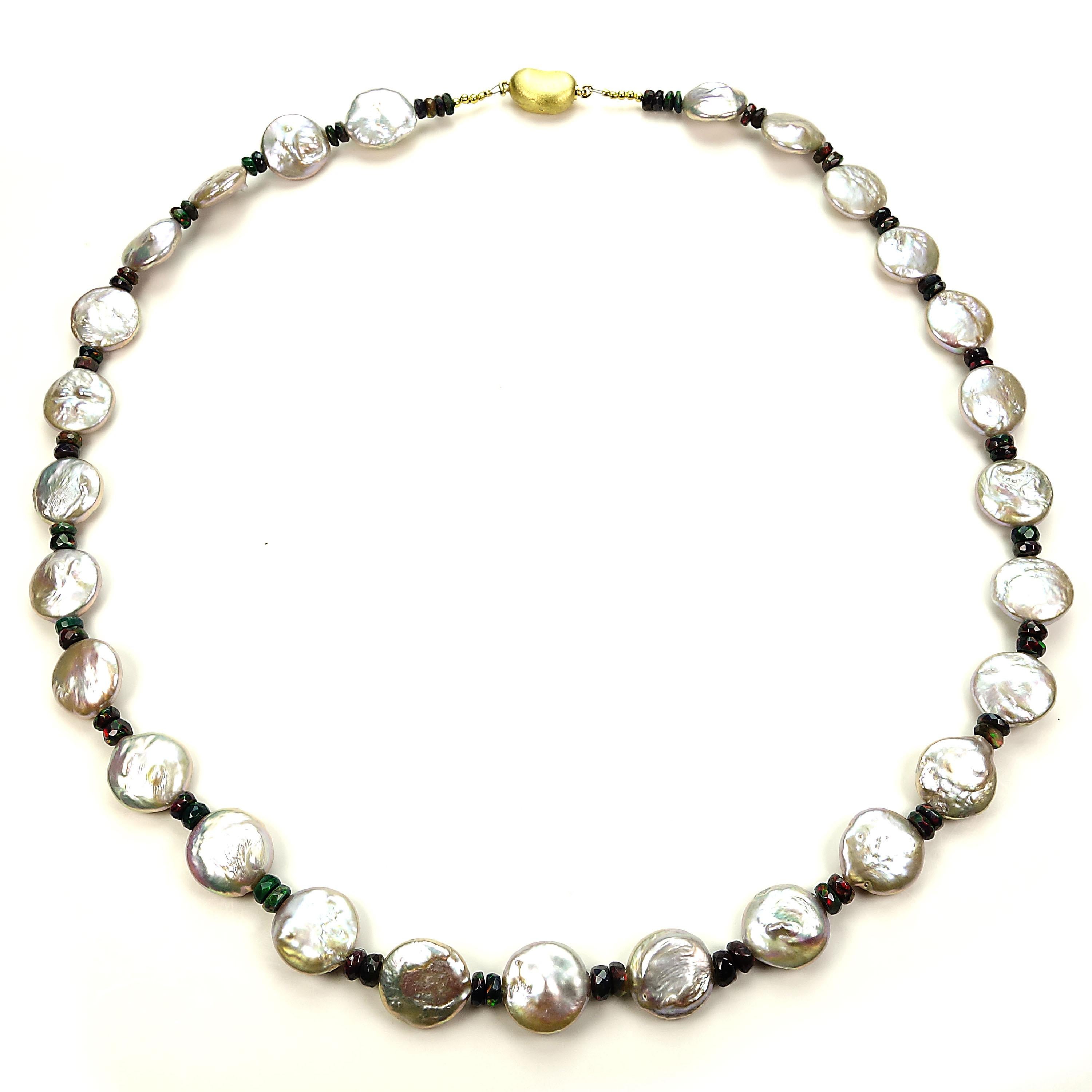 Bead AJD 22 Inch Silvery Coin Pearls and Black Opal Necklace June Birthstone For Sale