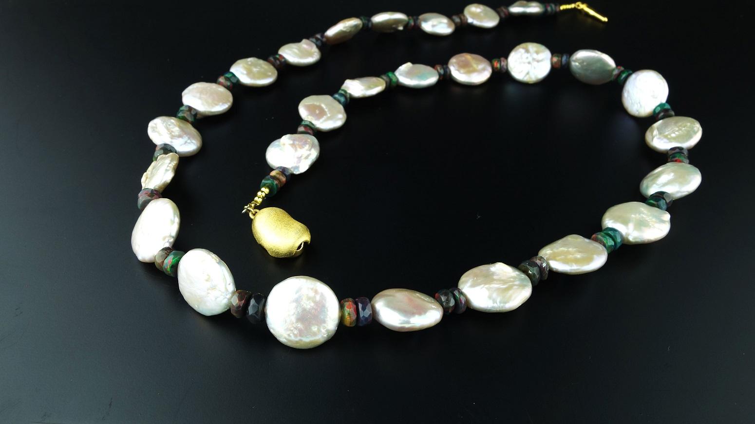 AJD 22 Inch Silvery Coin Pearls and Black Opal Necklace June Birthstone In New Condition For Sale In Raleigh, NC