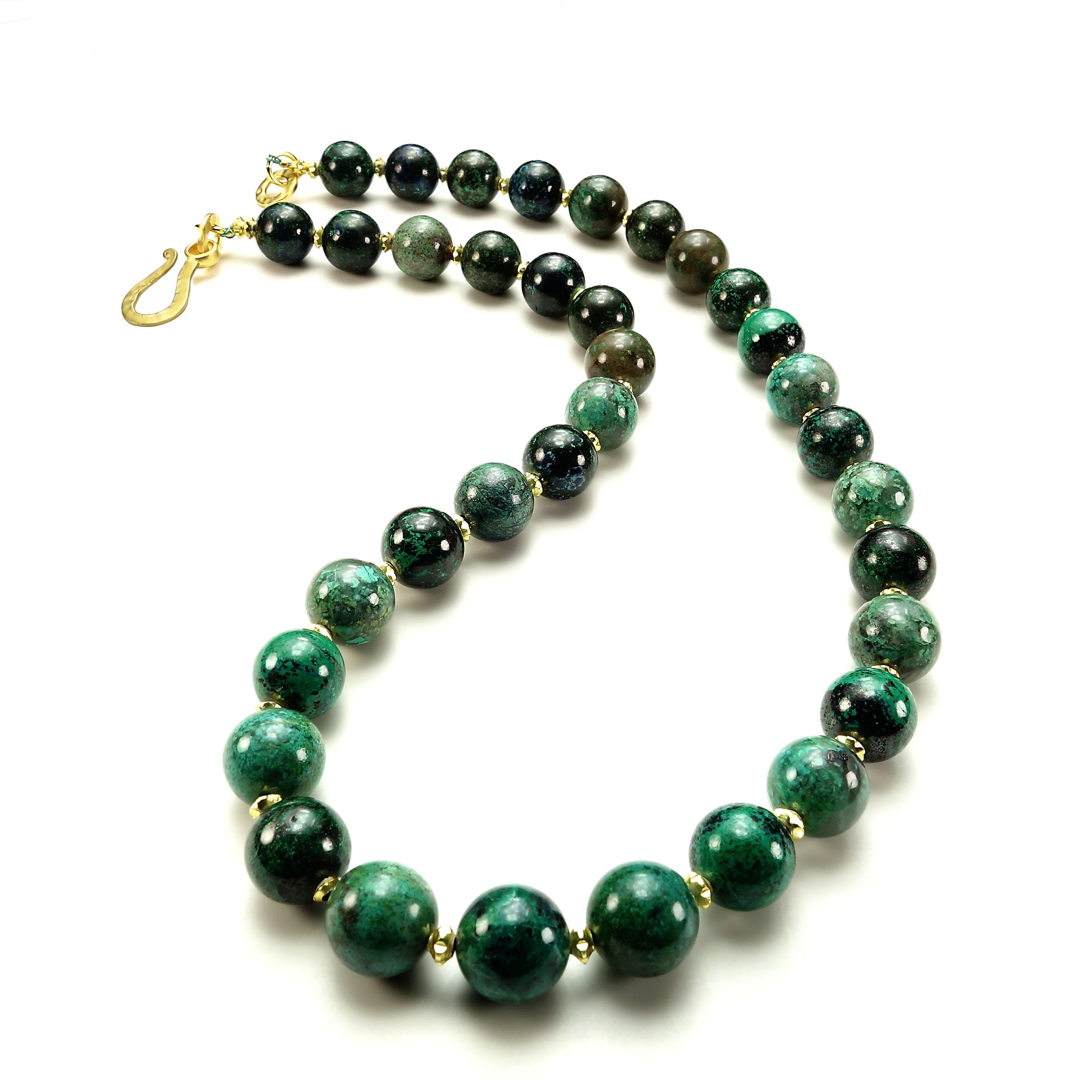12MM Round Beautifully colored Congolese Chrysocolla enhanced with gold tone fluted accents. This necklace is 22 inches in length and secured by a hammered 18K yellow  vermeil hook and eye clasp.  