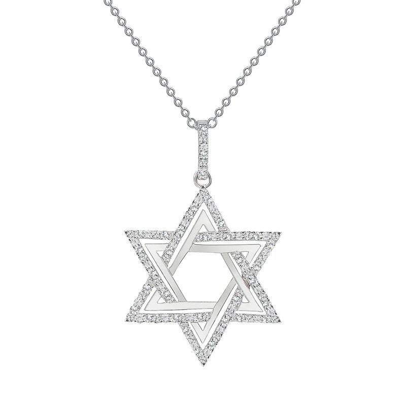 Diese Davidstern-Halskette besteht aus etwa 100 runden Diamanten, die in 14-karätigem Gold gefasst sind.

Metall: 14k Gold
Diamant Total Karat: 1ct
Diamant-Schliff: Rund (100 Diamanten)
Diamant Reinheit: VS
Diamant-Farbe: F
Farbe: Weißgold
Länge der
