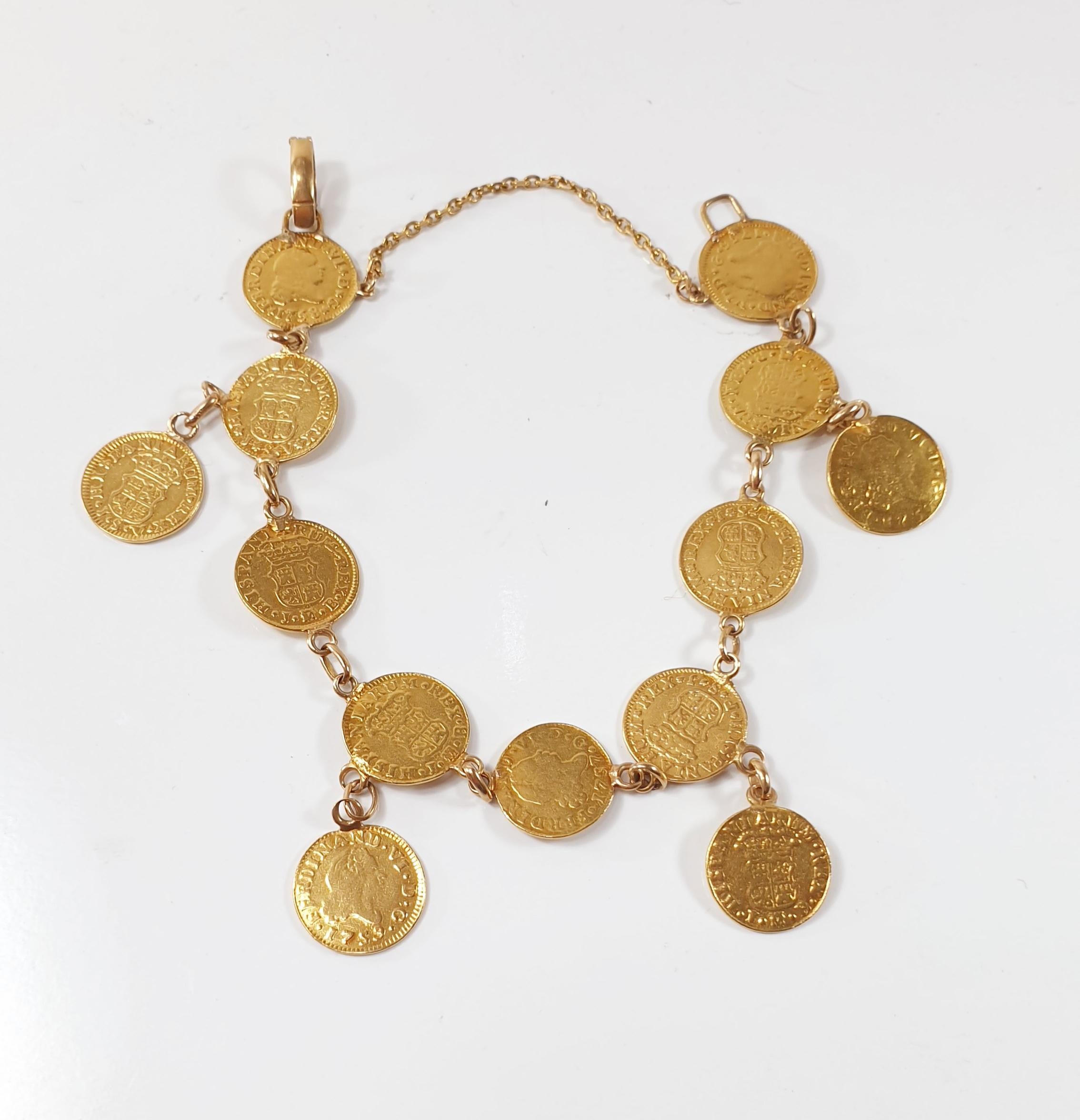  Gold Bracelet with Thirteen Coins of Fernando VI 1756
Thirteen Fernando VI coins from 1756 mounted on a bracelet
We will make it a necklace and we we will publish soon 

Rare Beautiful Authentic Shipwreck Doubloon gold Ferdinand VI Spanish Bracelet