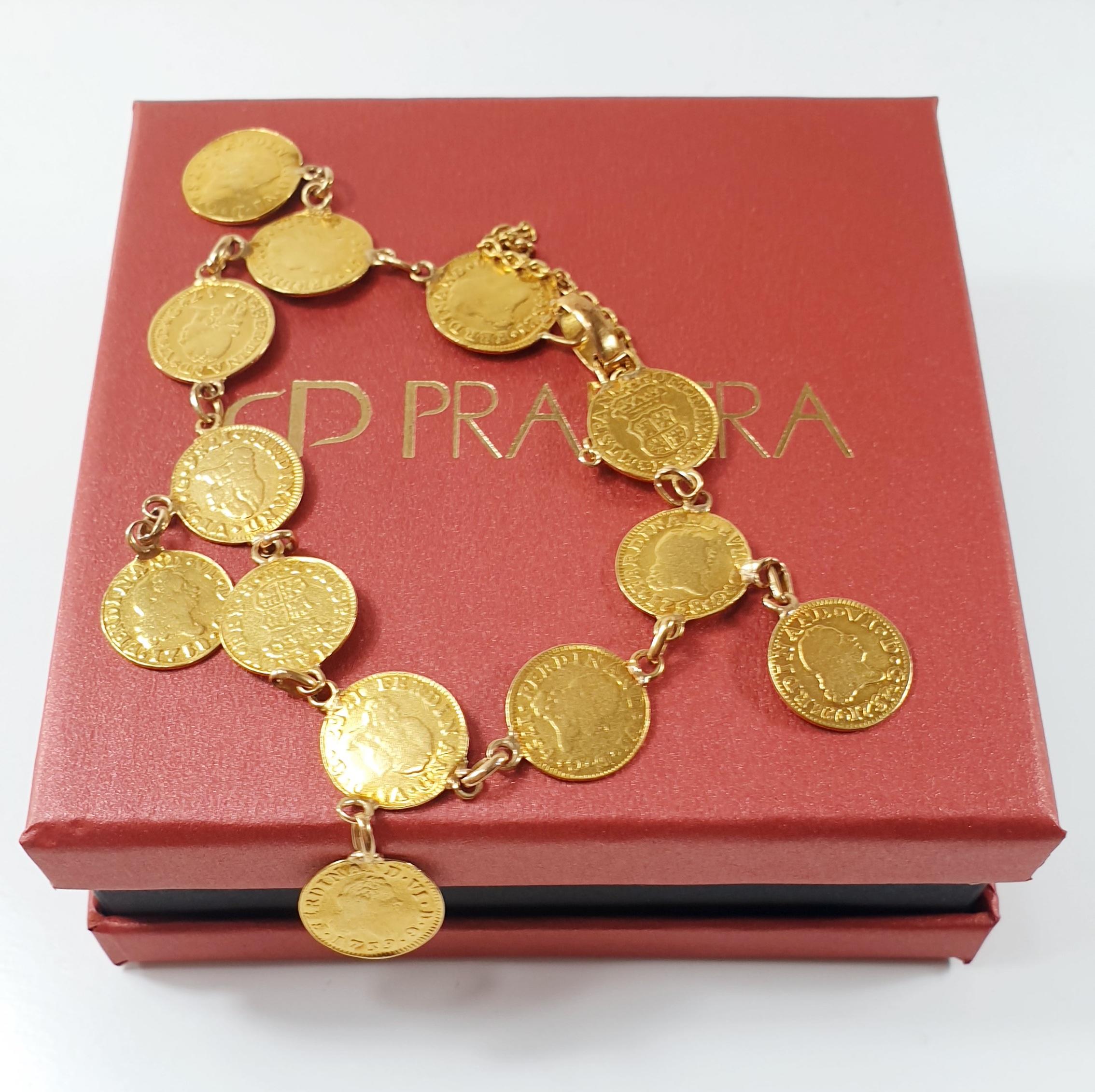 Women's or Men's 22k Yellow Gold Bracelet with Thirteen Coins of Fernando VI 1756