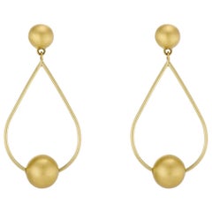 Gold Pear Shaped Wire Hoops with Round Orb Beads, Button Posts, Dangle Earrings