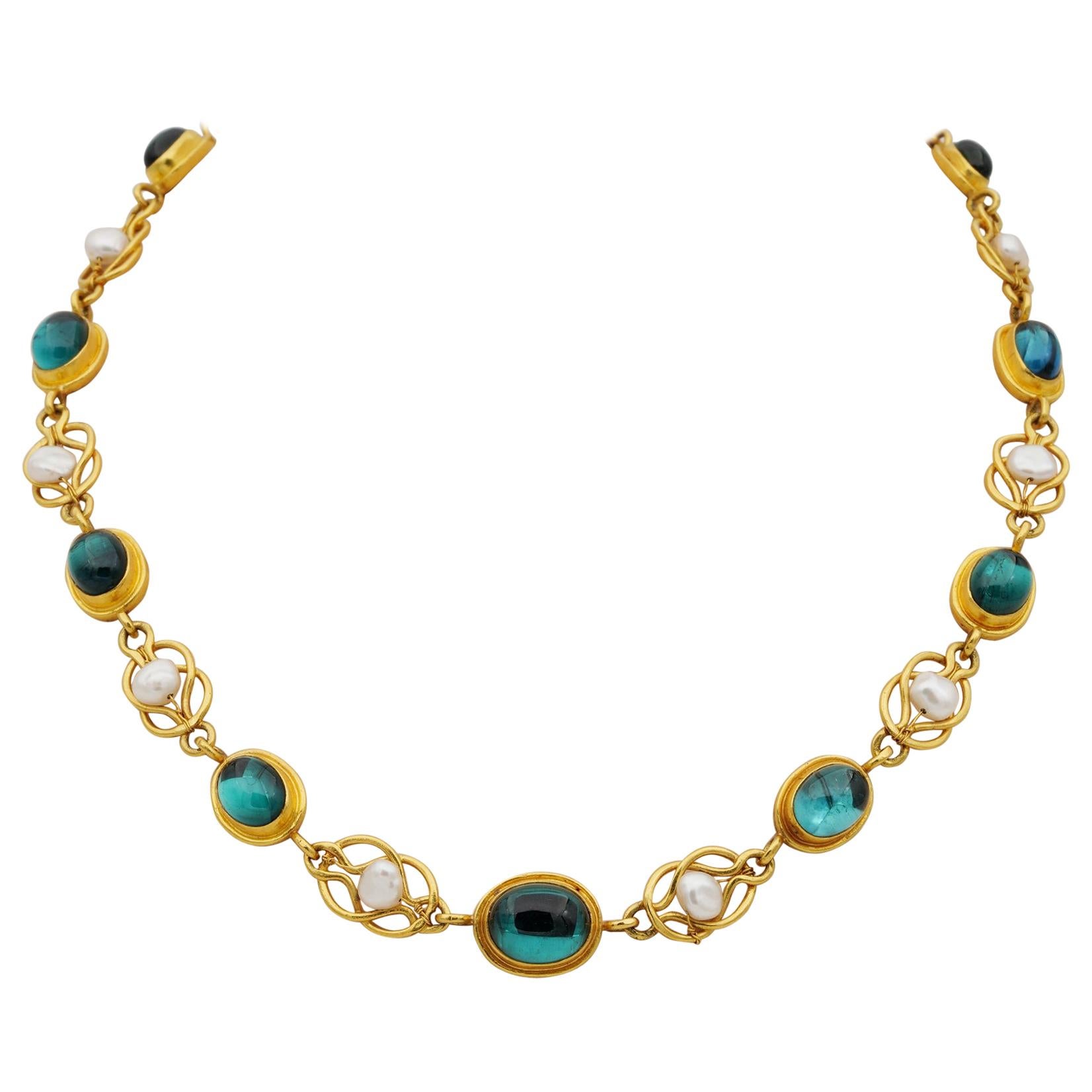 22 Karat Antique Etruscan Revival Tourmaline Pearl Rare Riviere Necklace For Sale