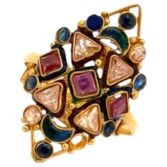 22 Karat Color Gemstone Navette Style Vintage Ring