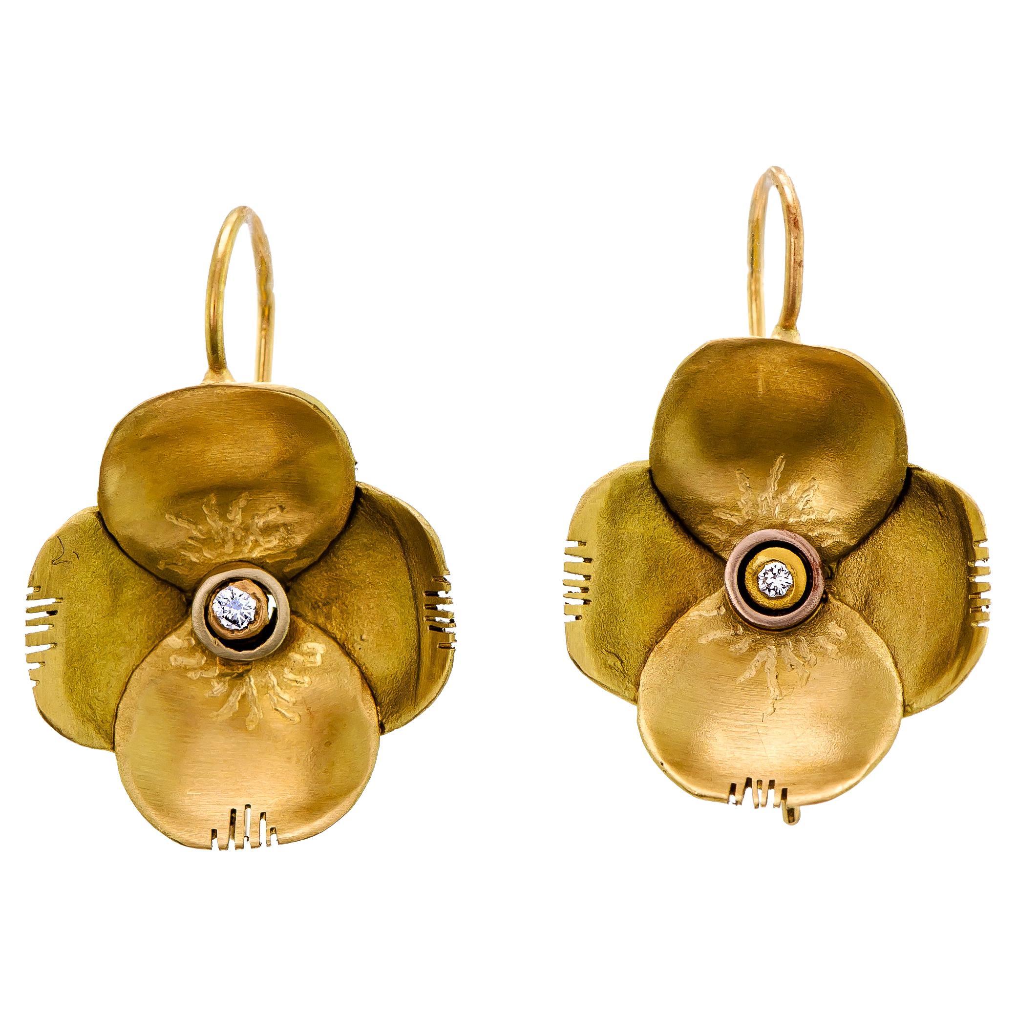 22 Karat Diamond Brushed Gold Flower Pansy Form Wireback Earrings For Sale