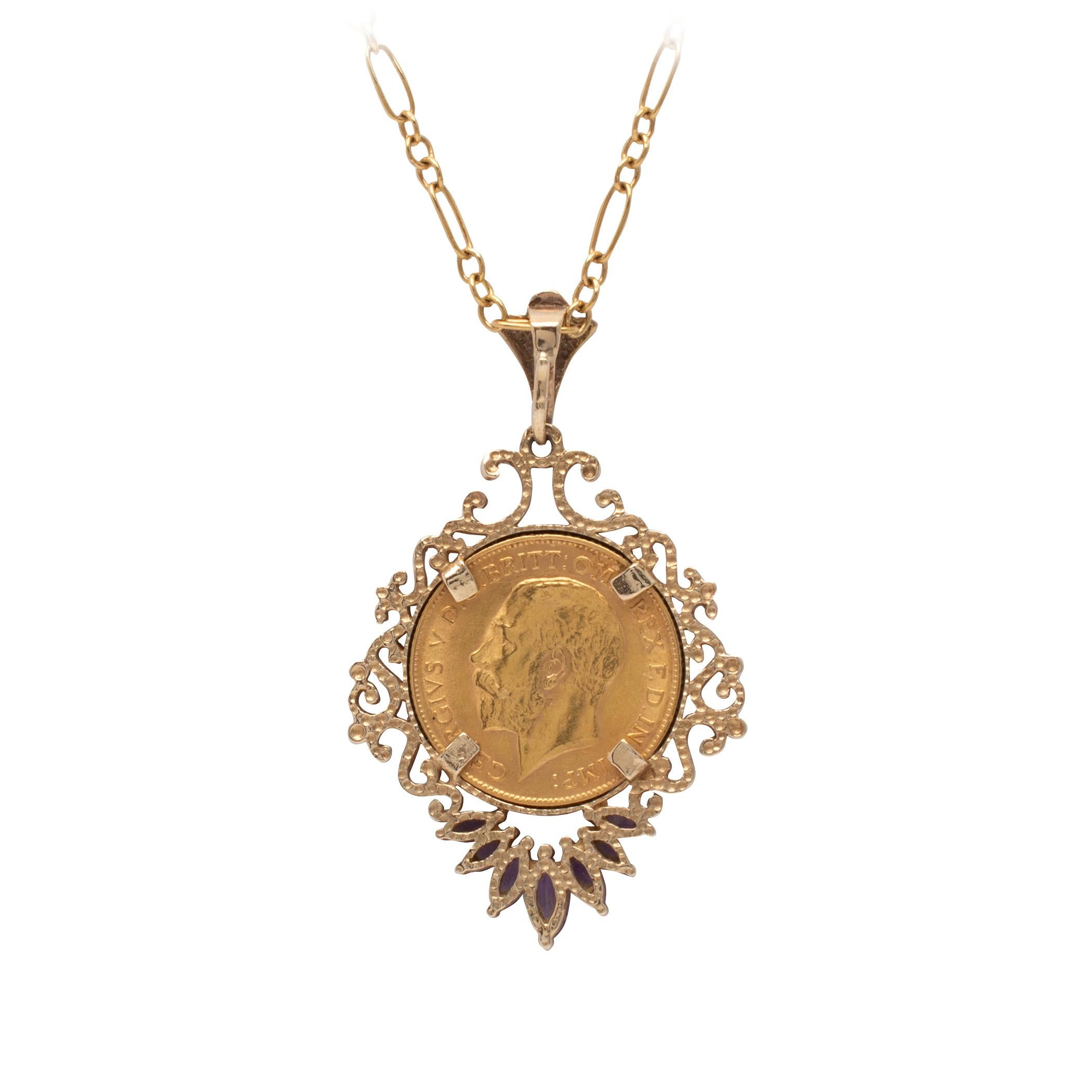 Antique 22 karat gold 1911 George V British gold half sovereign pendant with gold mount and decorated to the lower part with 7 graduated marquise cut amethyst gemstones and the tulip bale set with little diamonds. Complete with 9k gold Figaro link