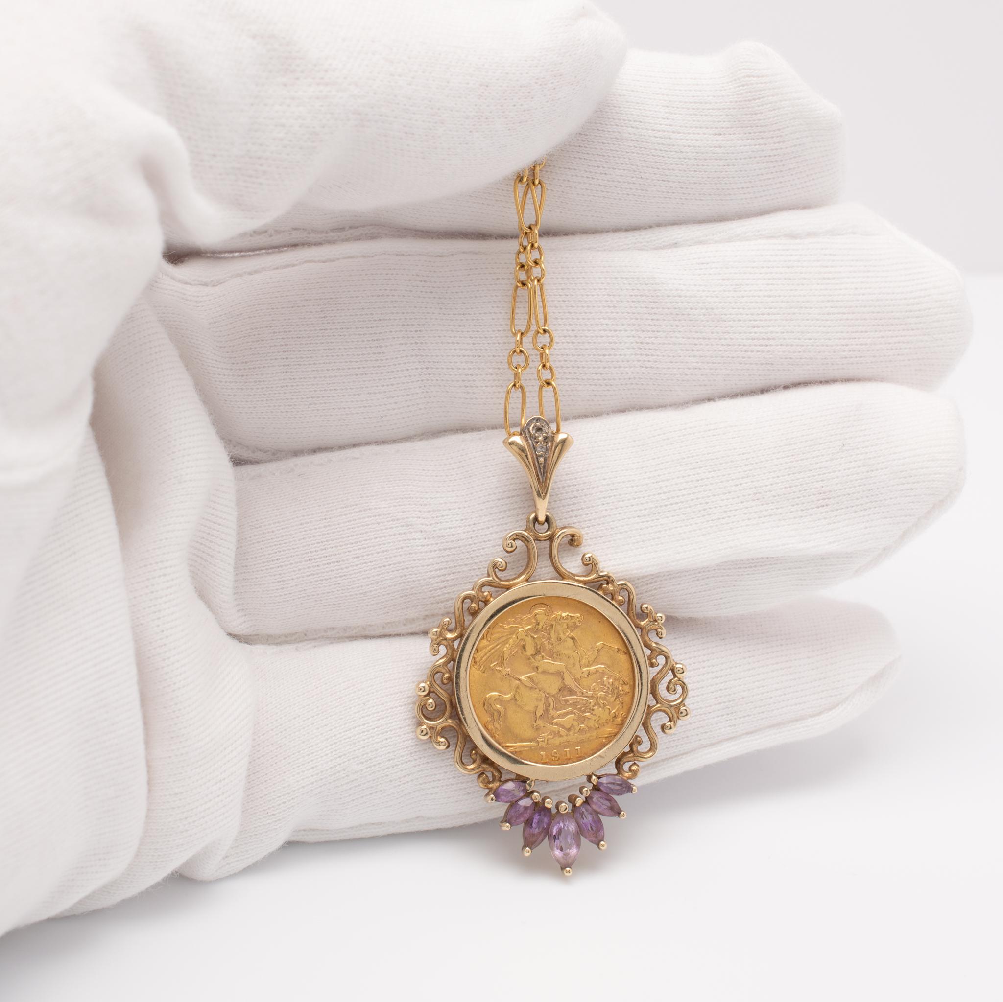 Women's Amethyst & Diamond 22 Karat Gold Sovereign Pendant 1911 George V British 