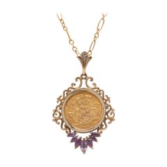 Amethyst & Diamond 22 Karat Gold Sovereign Pendant 1911 George V British